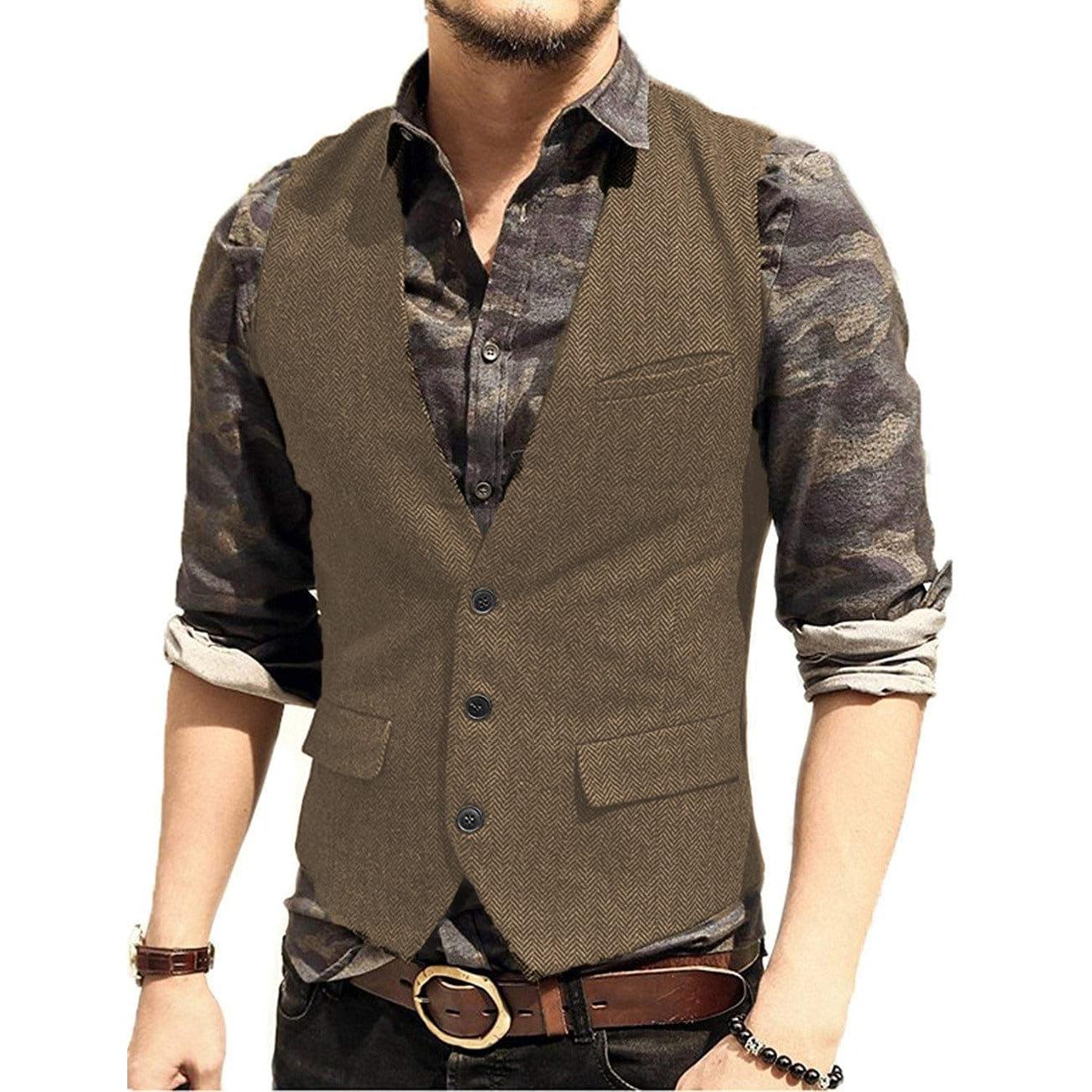 ceehuteey Men's Slim Fit Solid Herringbone V Neck Waistcoat