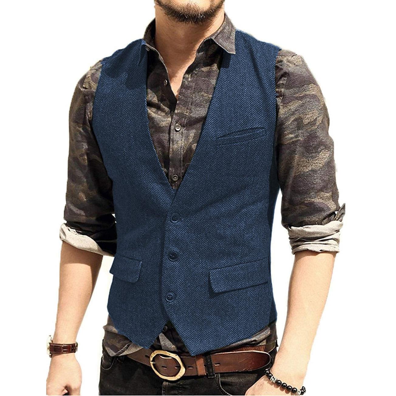 ceehuteey Men's Slim Fit Solid Herringbone V Neck Waistcoat