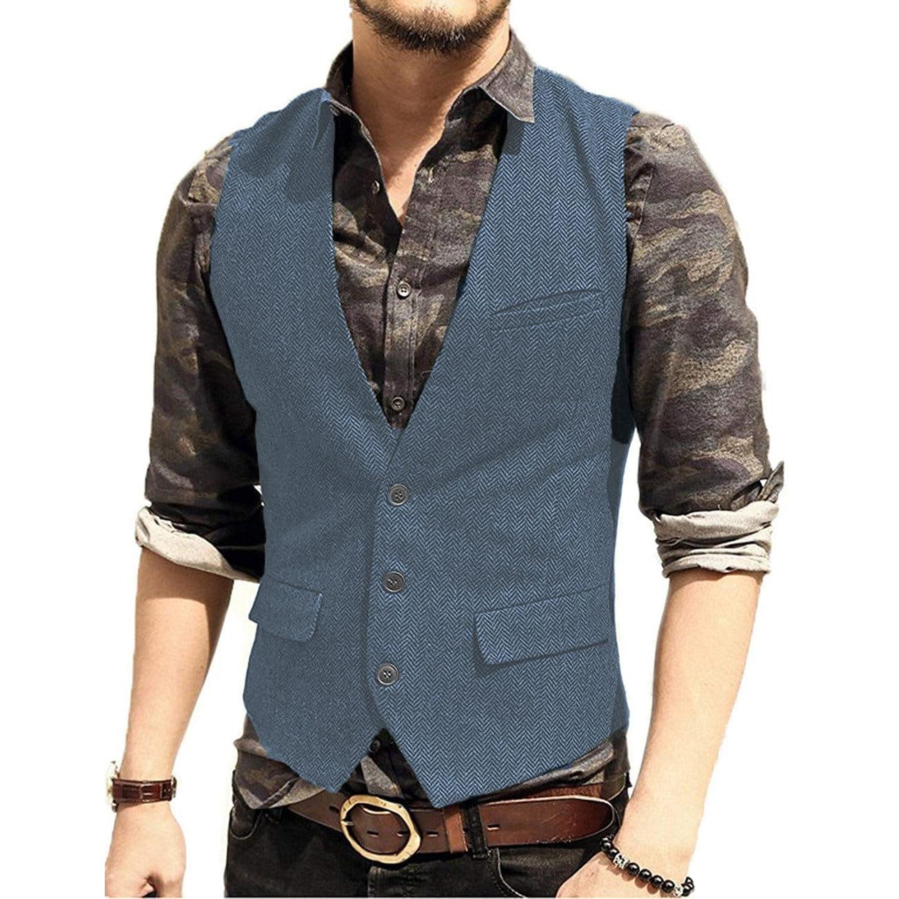 ceehuteey Men's Slim Fit Solid Herringbone V Neck Waistcoat
