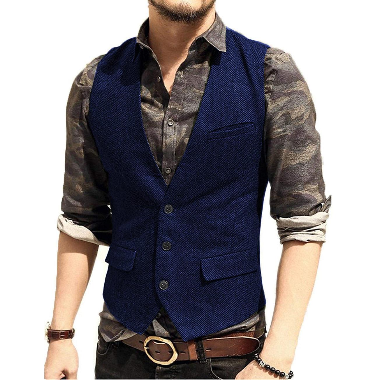 ceehuteey Men's Slim Fit Solid Herringbone V Neck Waistcoat