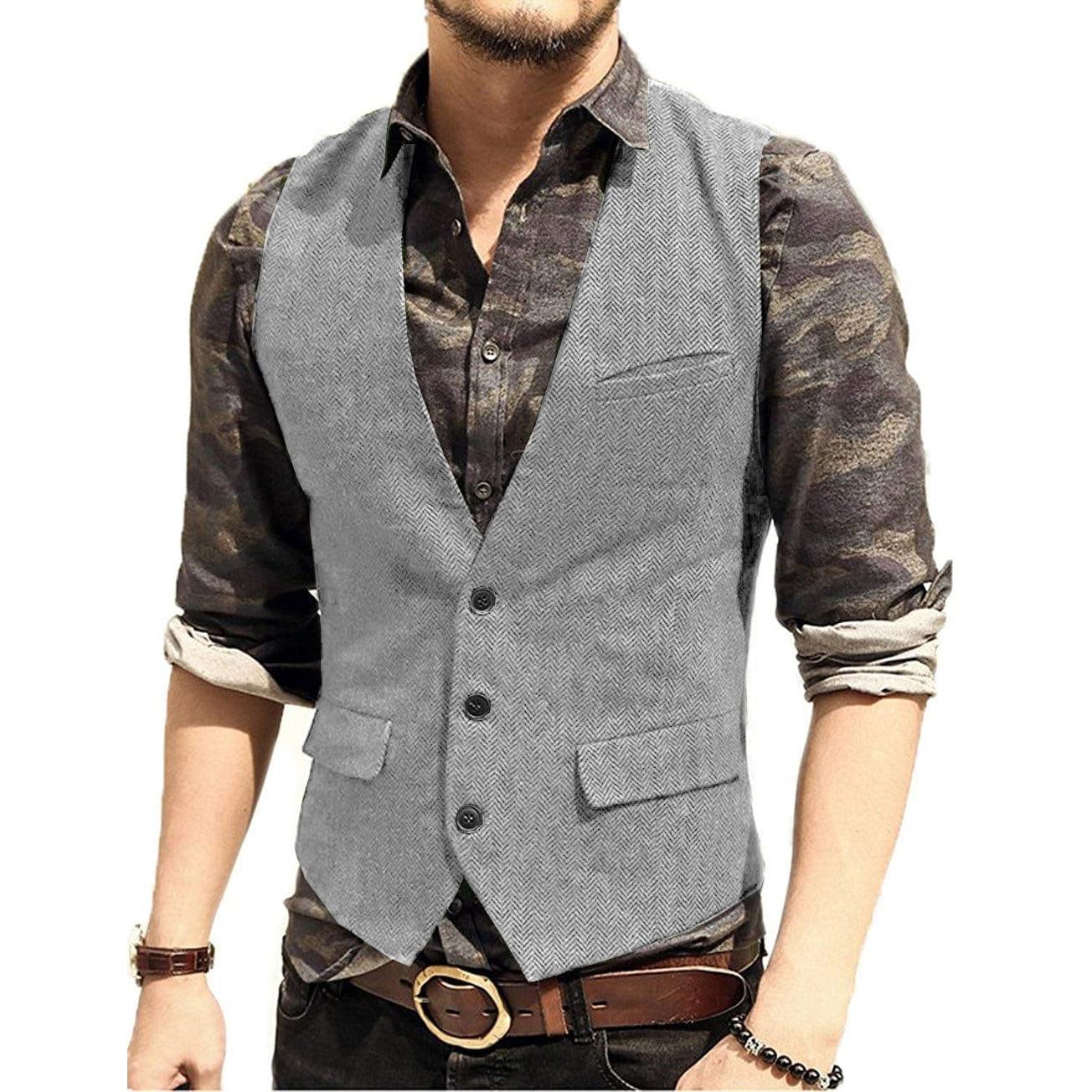 ceehuteey Men's Slim Fit Solid Herringbone V Neck Waistcoat