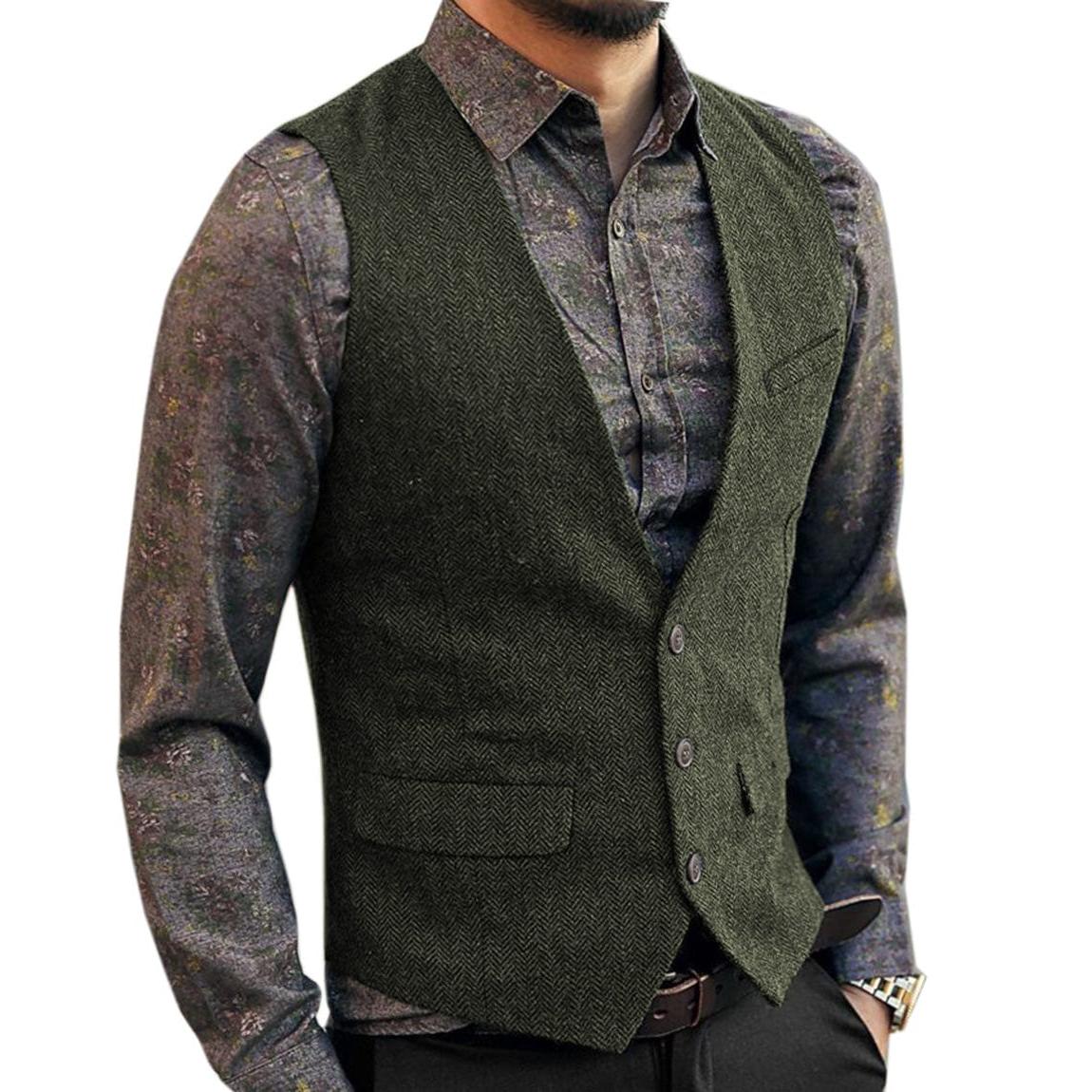 ceehuteey Men's Slim Fit Tweed Herringbone V Neck Casual Waistcoat