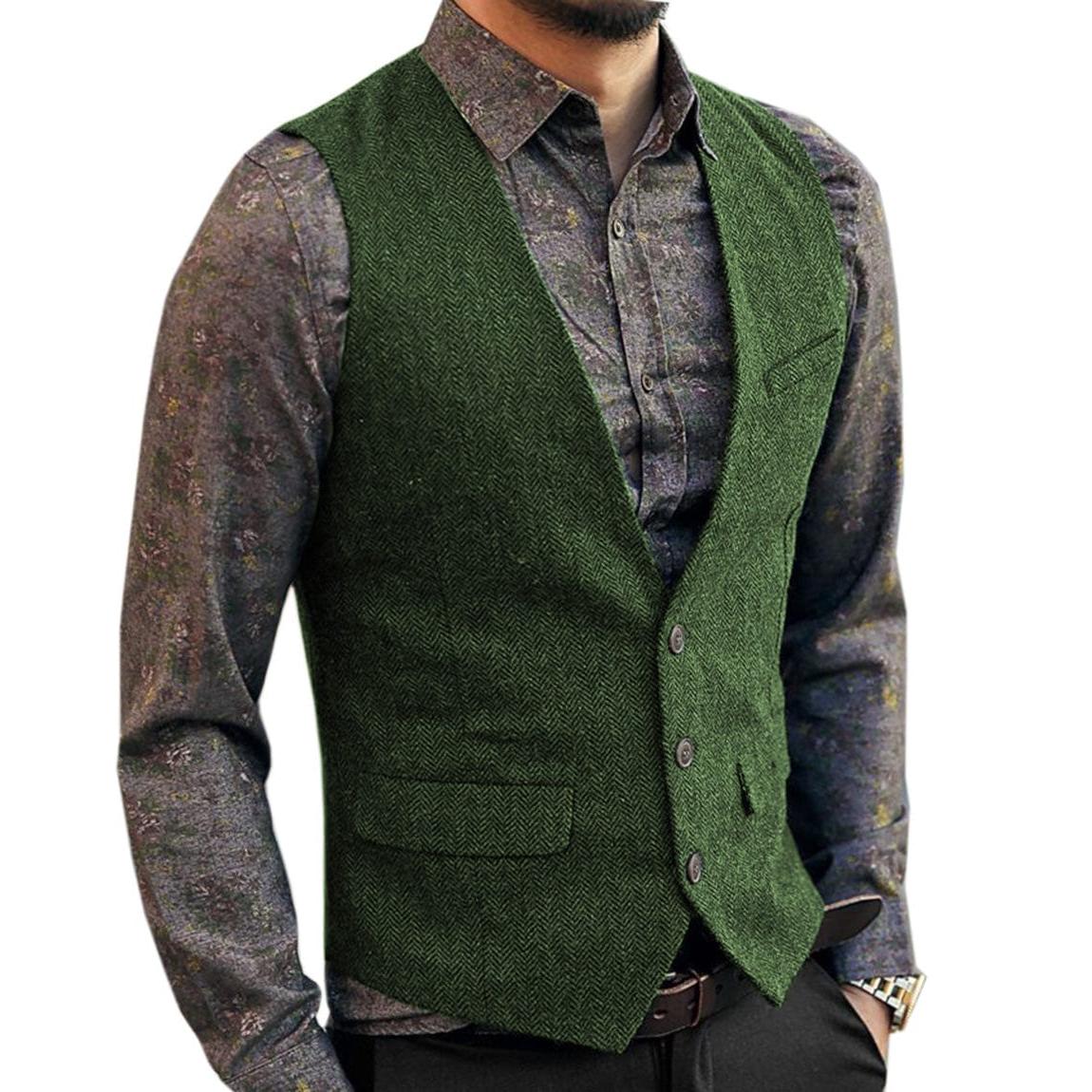 ceehuteey Men's Slim Fit Tweed Herringbone V Neck Casual Waistcoat
