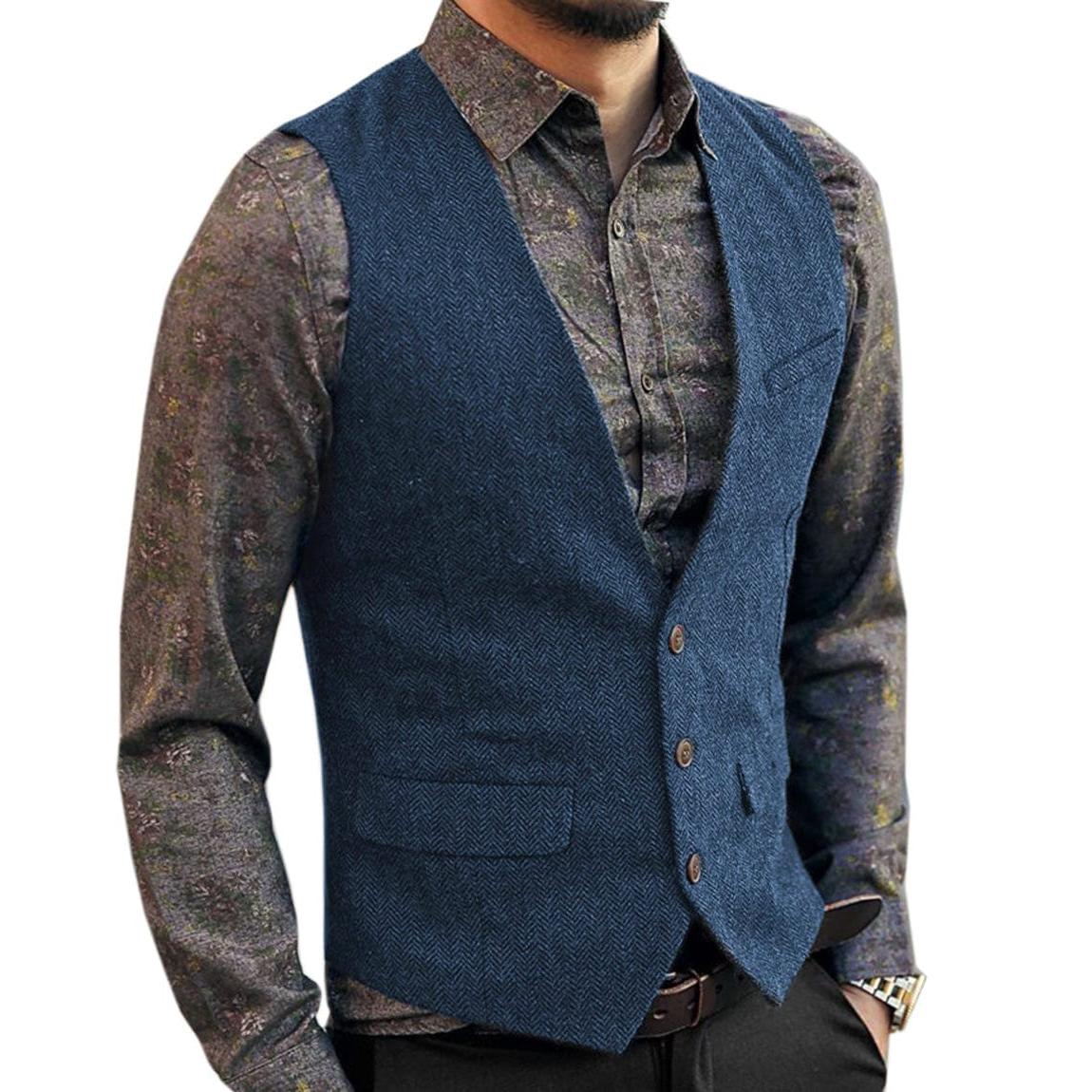 ceehuteey Men's Slim Fit Tweed Herringbone V Neck Casual Waistcoat