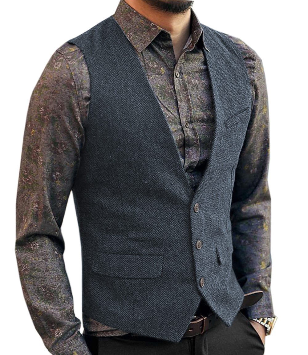 ceehuteey Men's Slim Fit Tweed Herringbone V Neck Casual Waistcoat