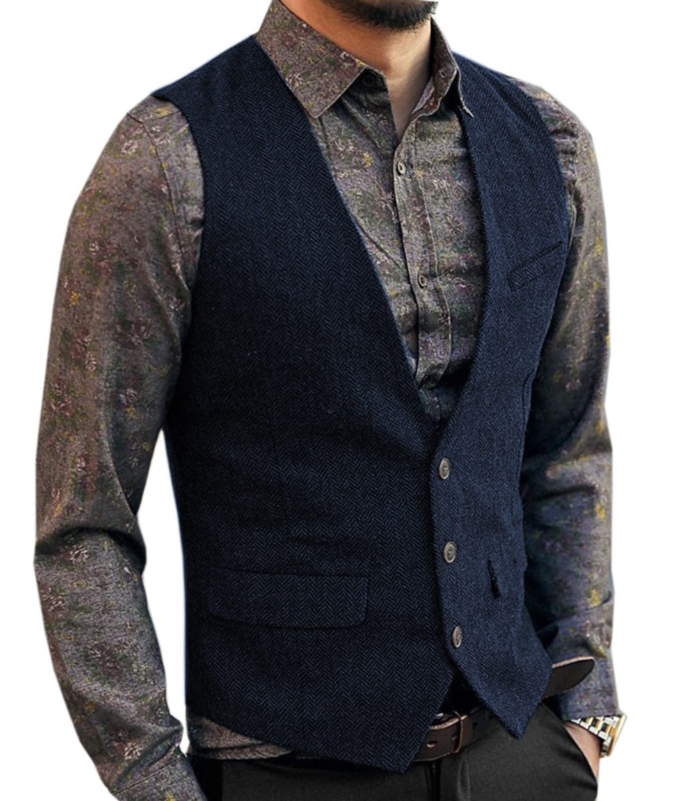 ceehuteey Men's Slim Fit Tweed Herringbone V Neck Casual Waistcoat