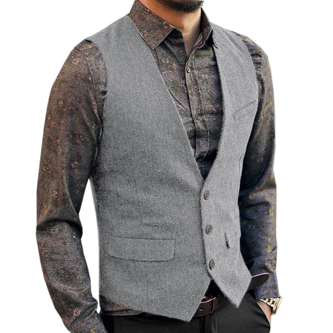 ceehuteey Men's Slim Fit Tweed Herringbone V Neck Casual Waistcoat