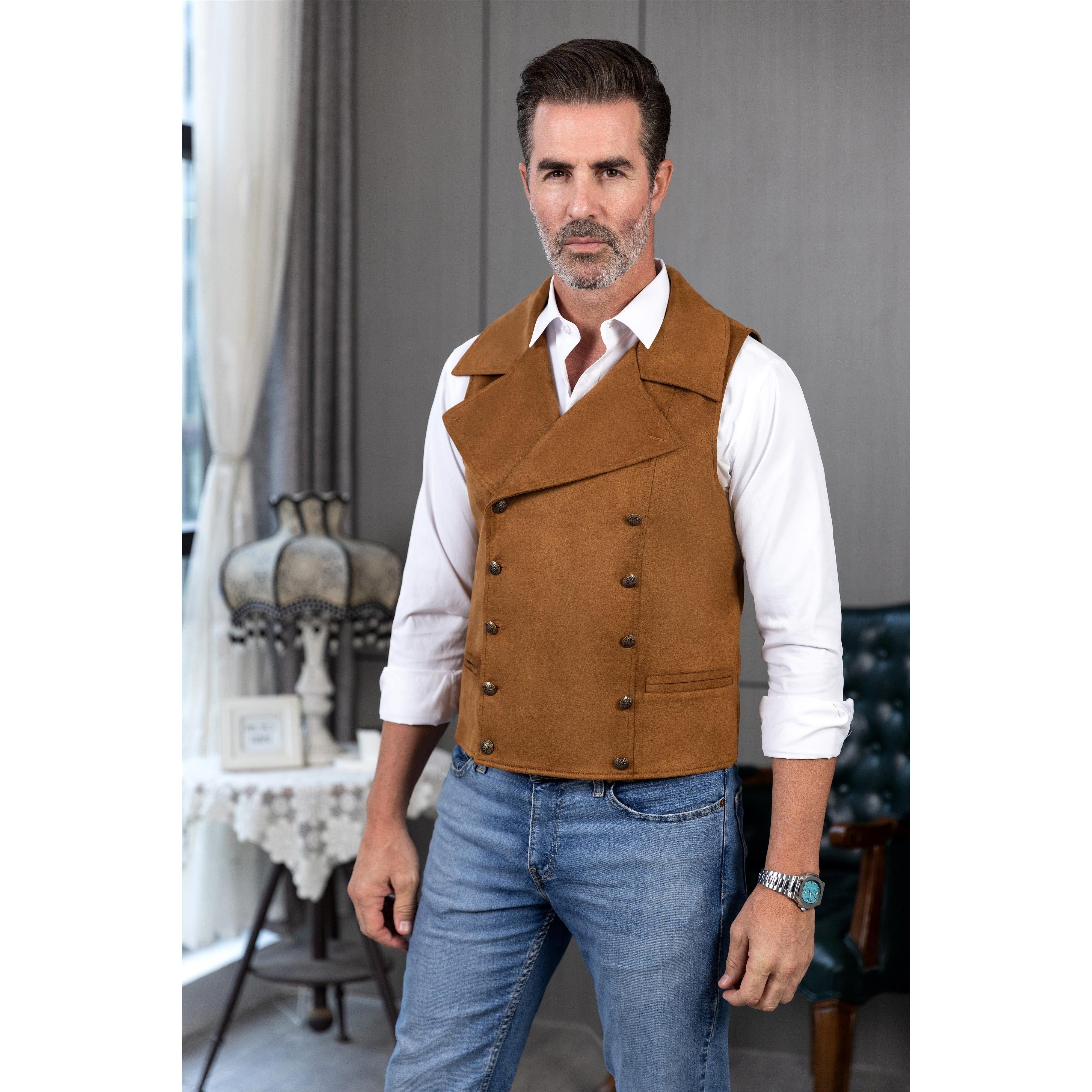 ceehuteey Men‘s Suede Cowboy Double Breasted Large Lapel Suede Classic Waistcoat