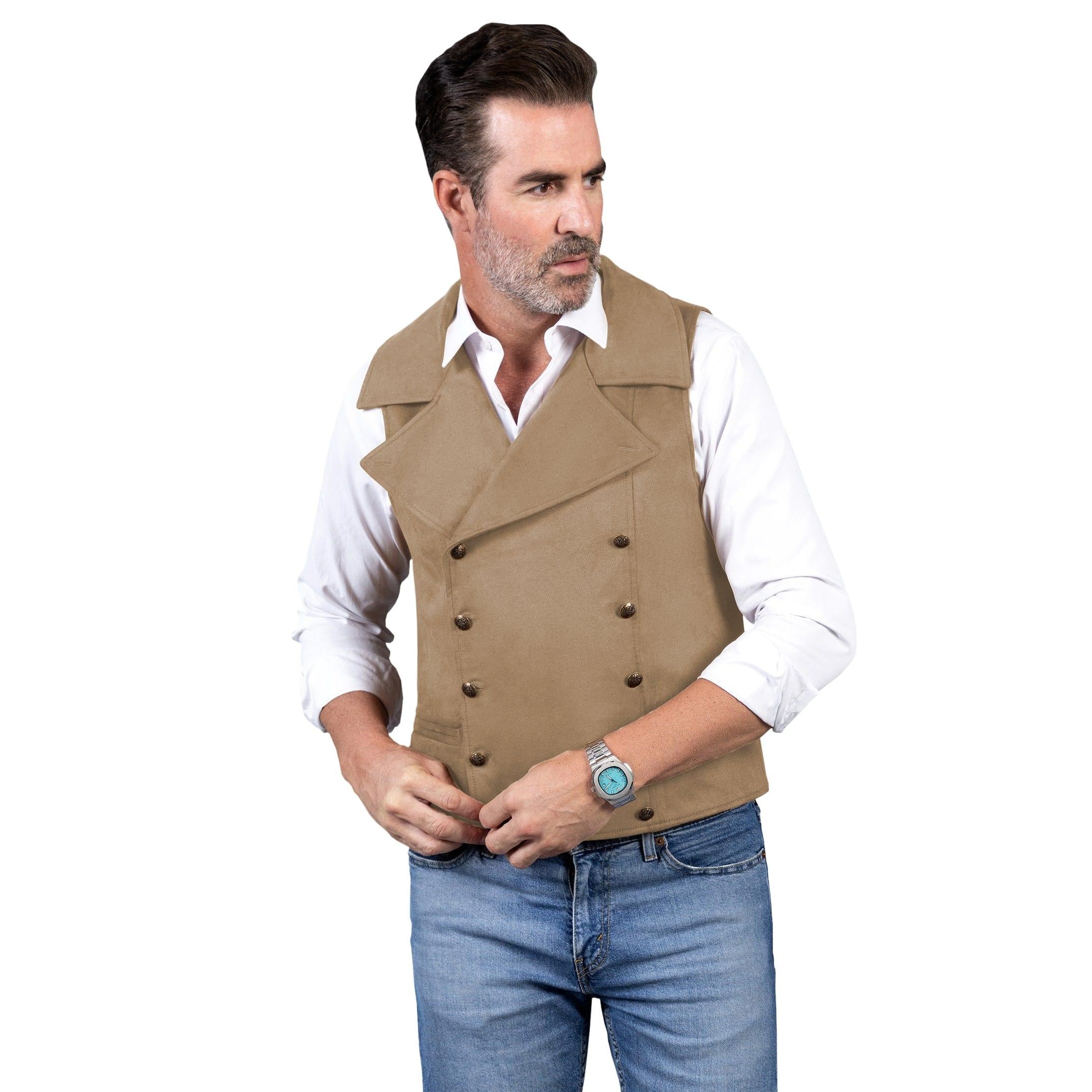 ceehuteey Men‘s Suede Cowboy Double Breasted Large Lapel Suede Classic Waistcoat