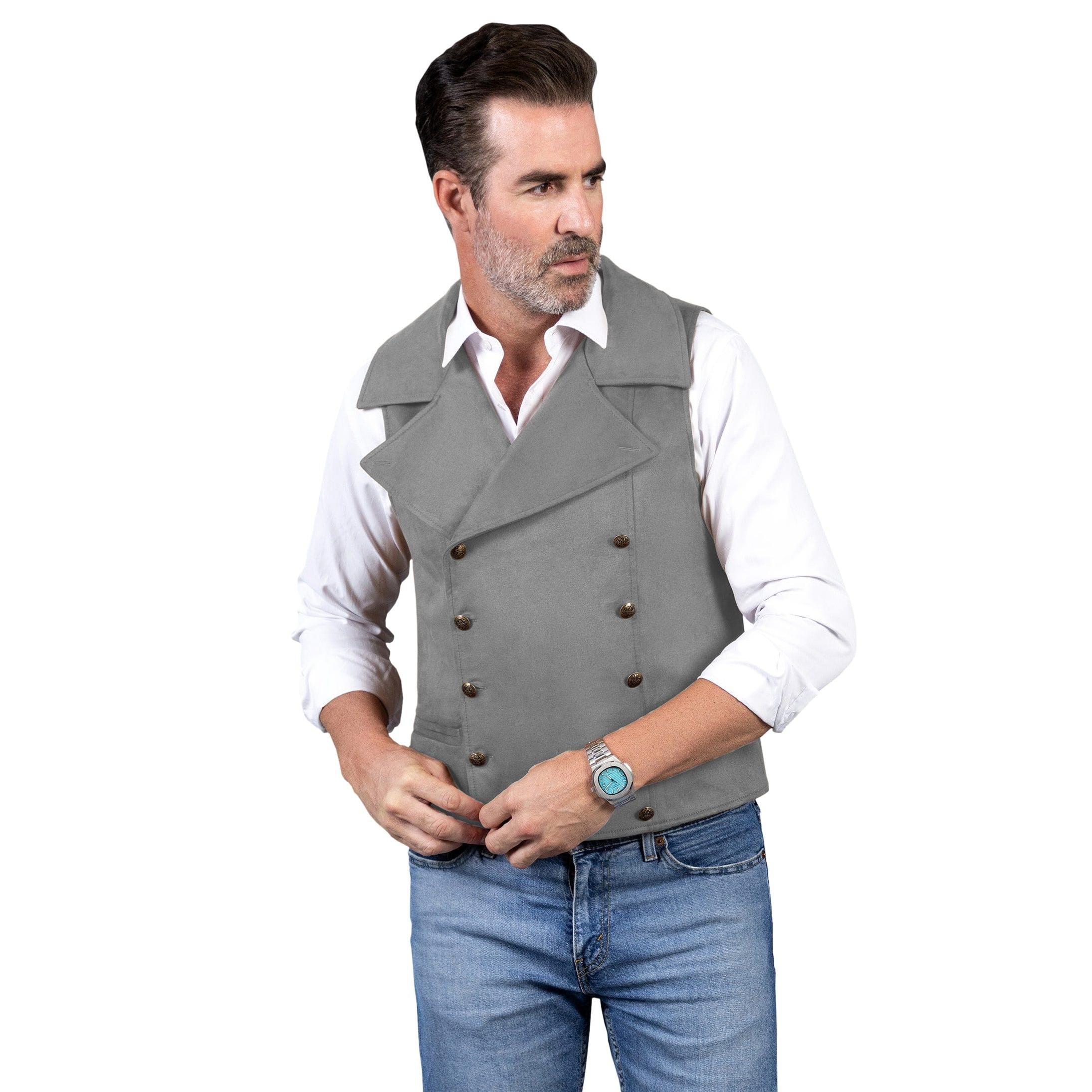 ceehuteey Men‘s Suede Cowboy Double Breasted Large Lapel Suede Classic Waistcoat