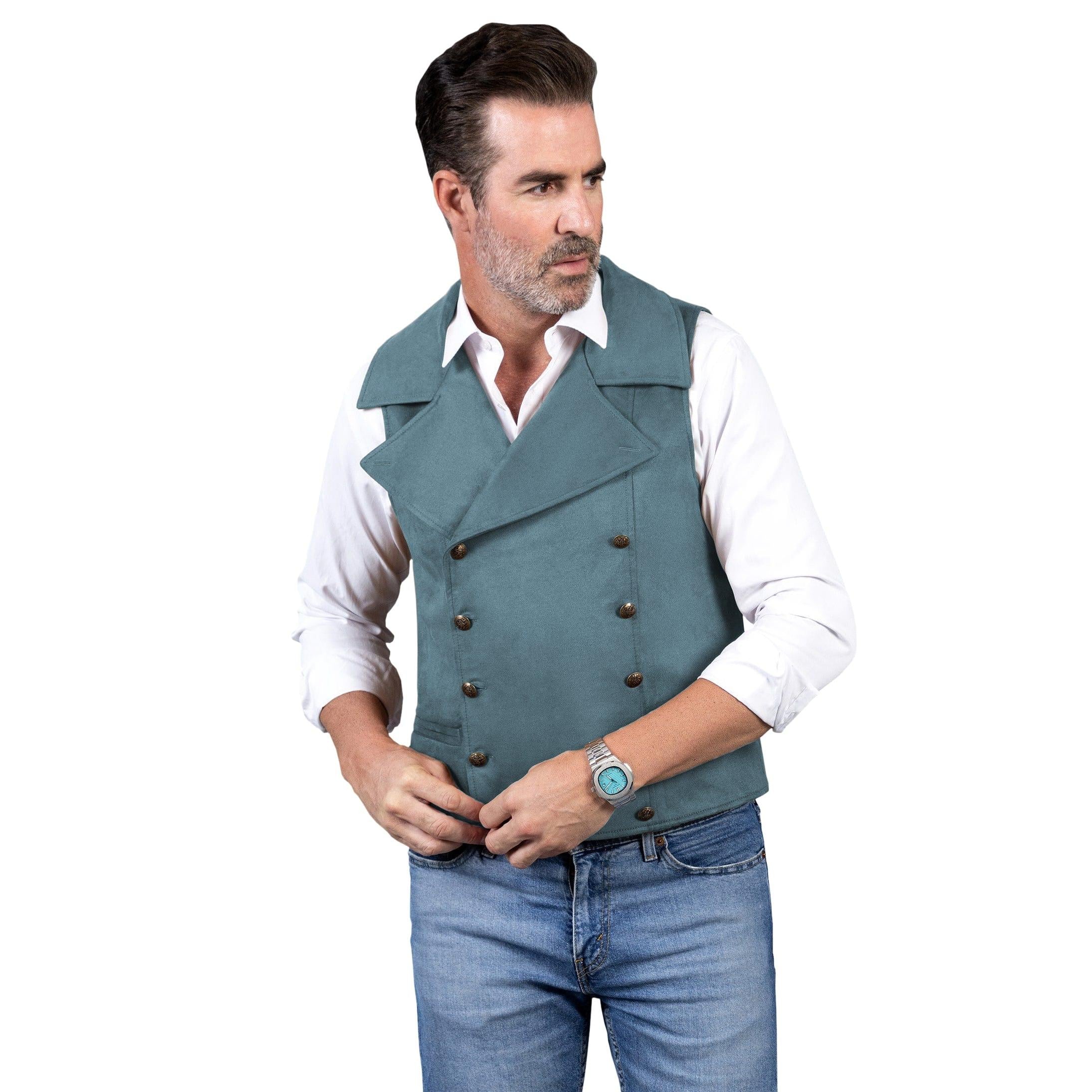ceehuteey Men‘s Suede Cowboy Double Breasted Large Lapel Suede Classic Waistcoat