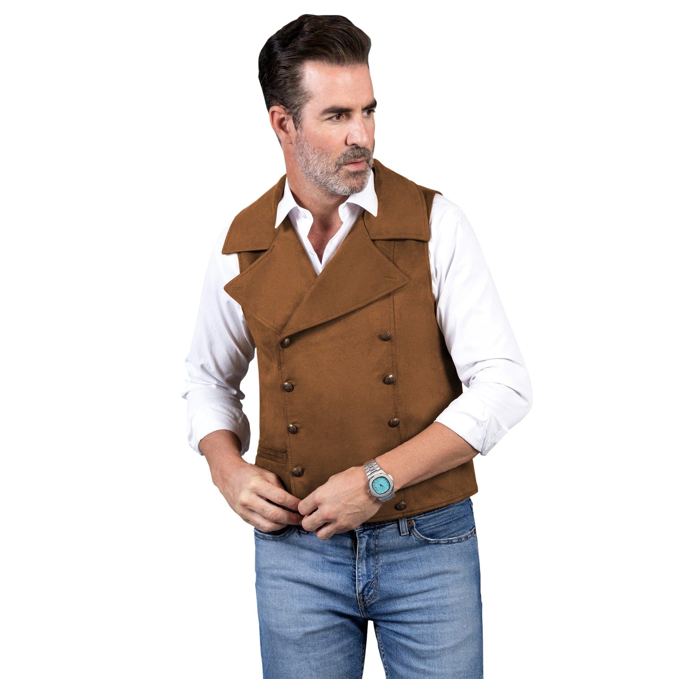 ceehuteey Men's Suede Cowboy Double Breasted Large Lapel Suede Classic Waistcoat