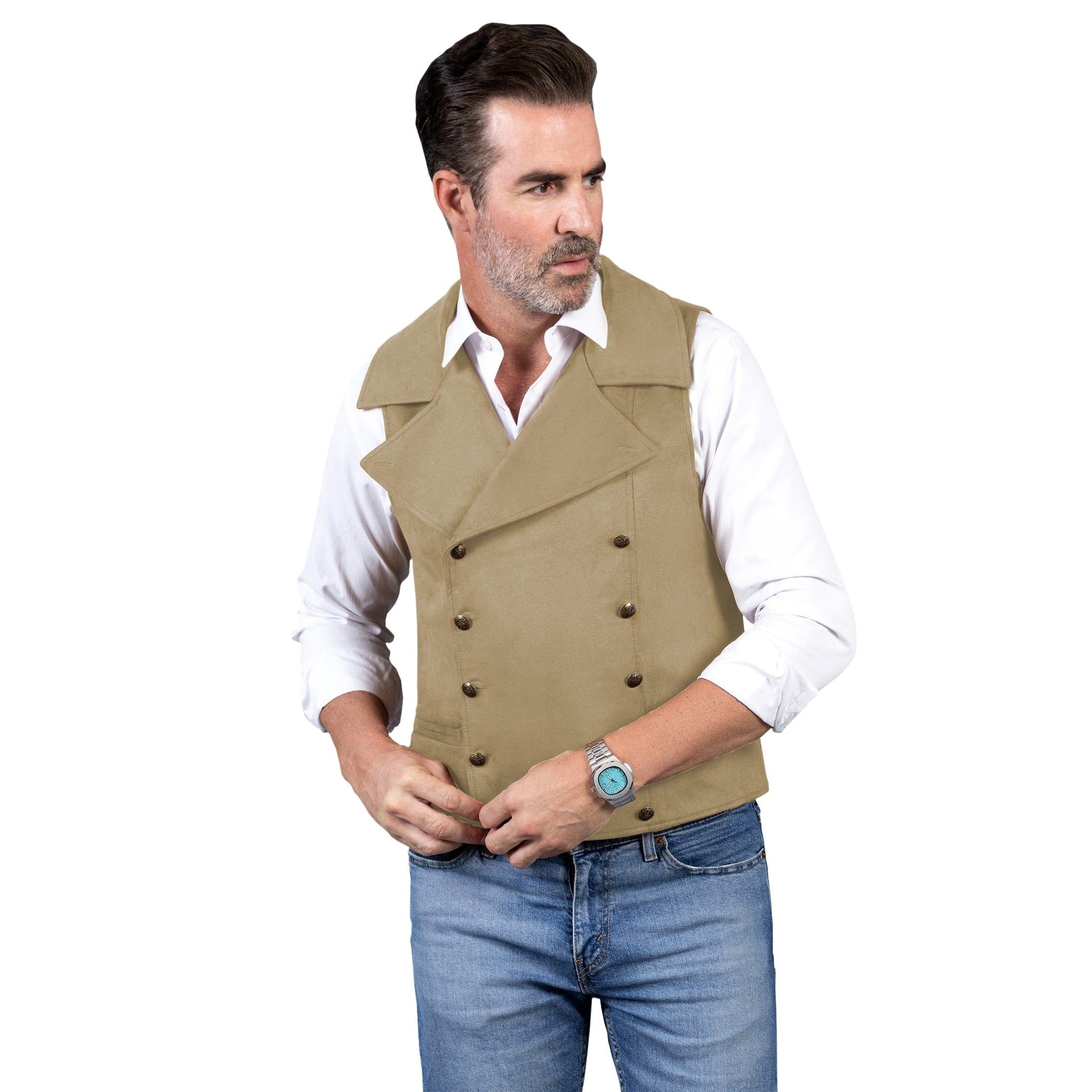 ceehuteey Men's Suede Cowboy Double Breasted Large Lapel Suede Classic Waistcoat