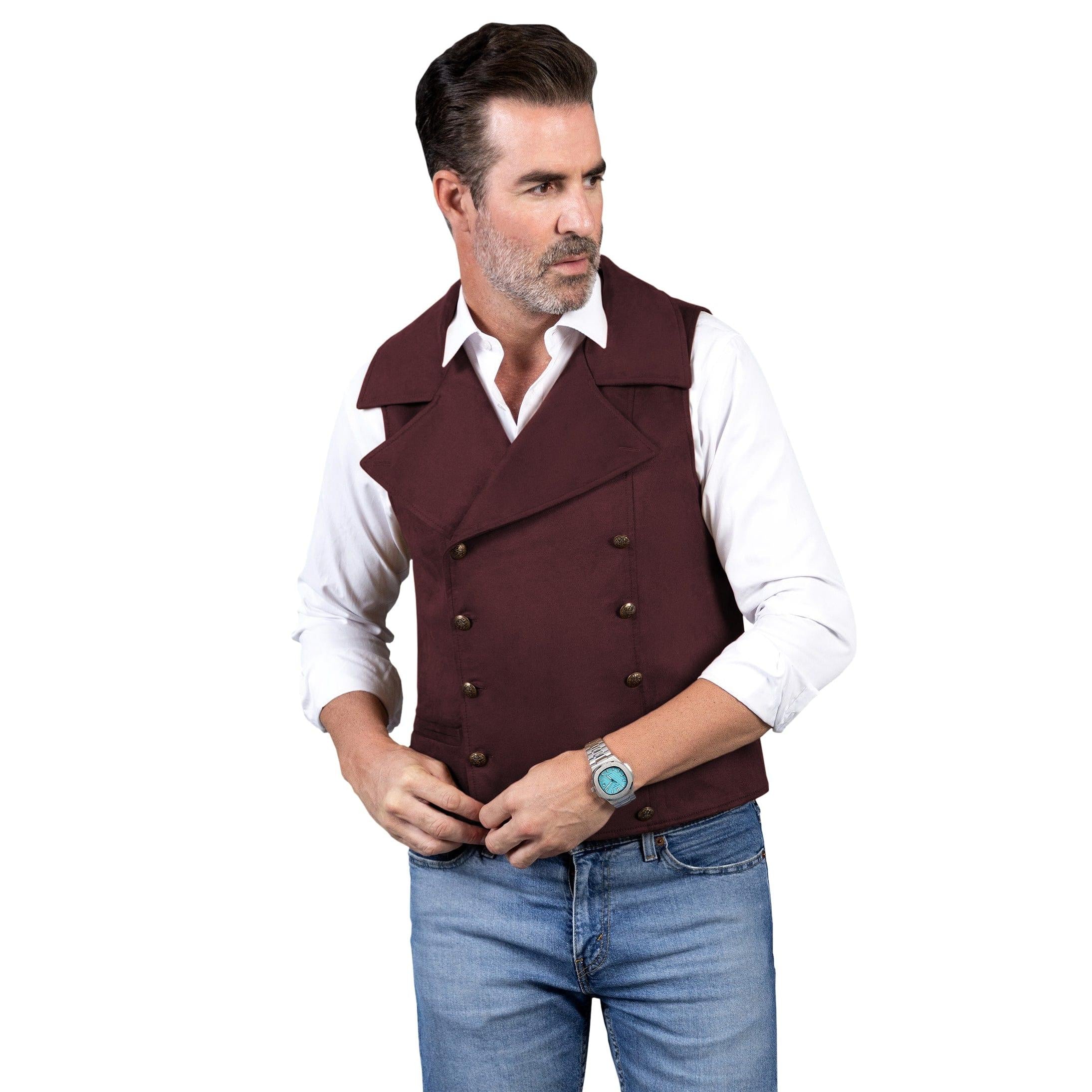 ceehuteey Men's Suede Cowboy Double Breasted Large Lapel Suede Classic Waistcoat