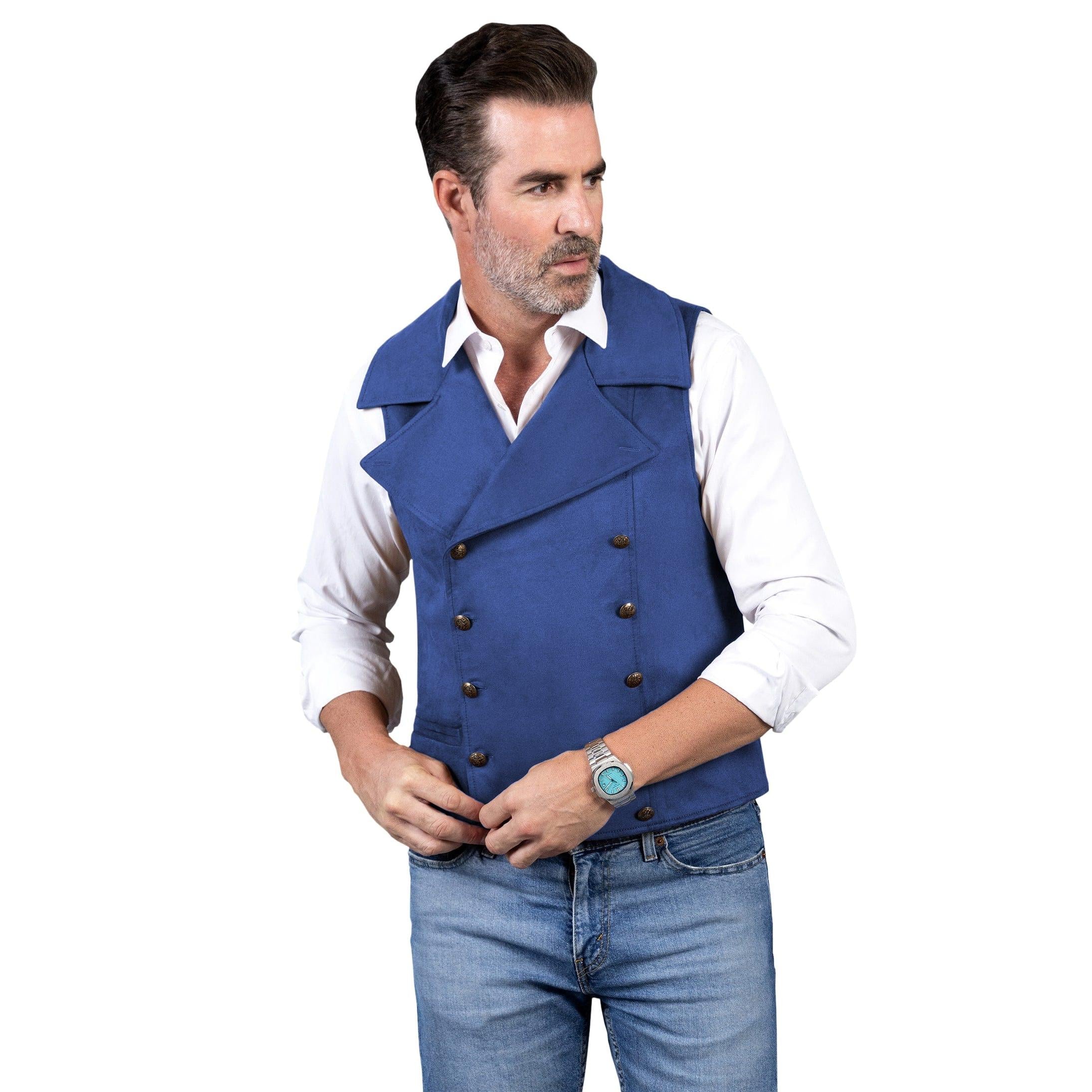 ceehuteey Men's Suede Cowboy Double Breasted Large Lapel Suede Classic Waistcoat