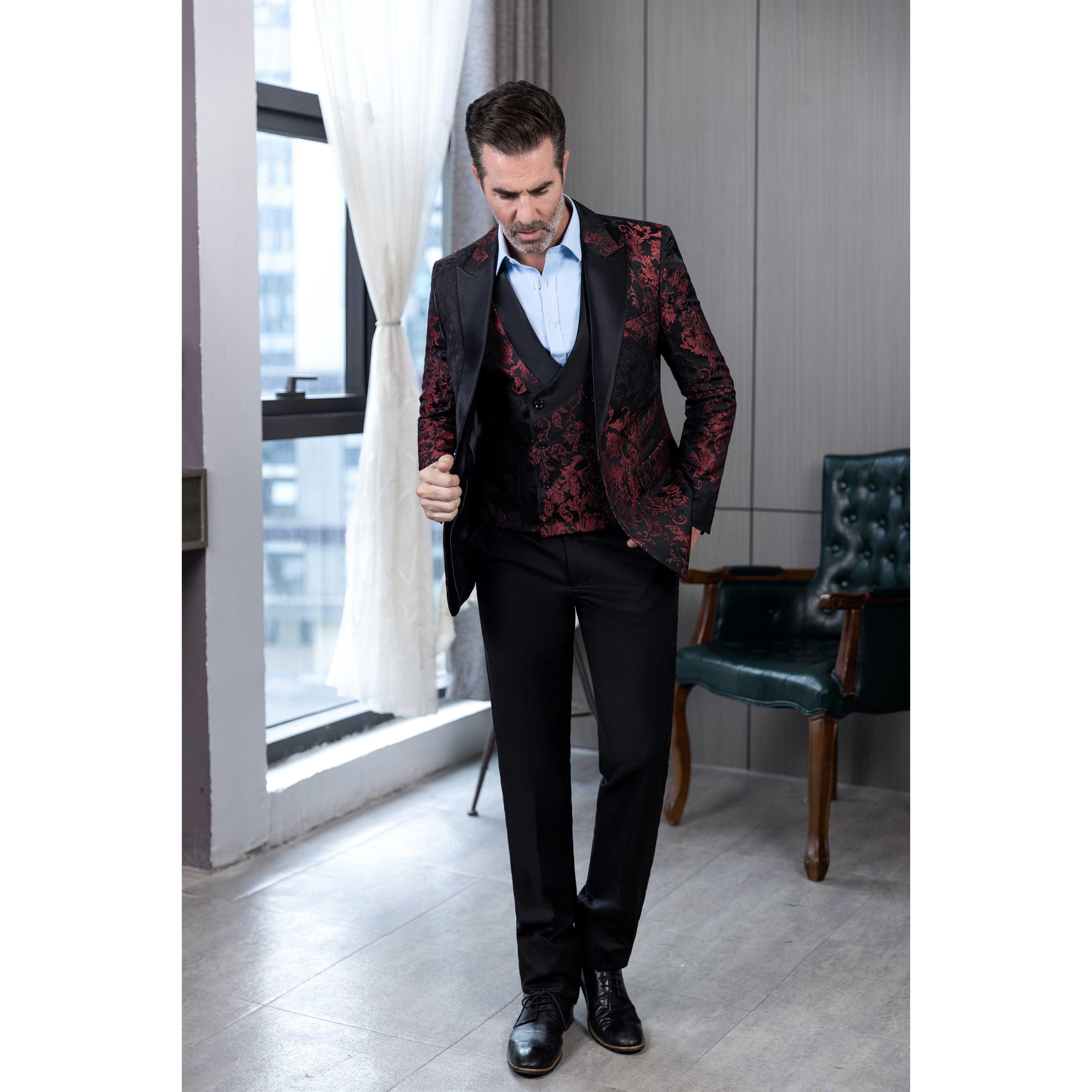 ceehuteey Men's Suit Double Breasted patterned Peak lapel 2 Piece Business Tuxedos (Blazer + Vest + Pants)