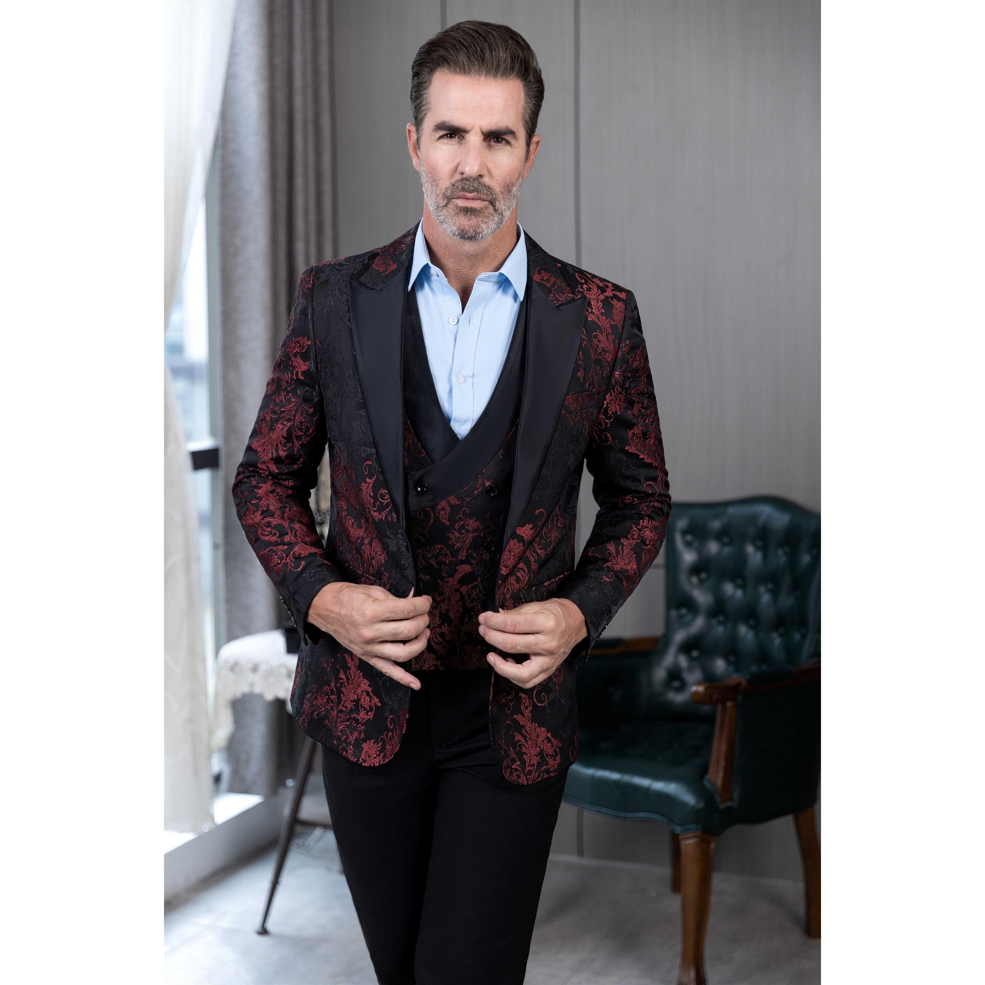ceehuteey Men's Suit Double Breasted patterned Peak lapel 2 Piece Business Tuxedos (Blazer + Vest + Pants)