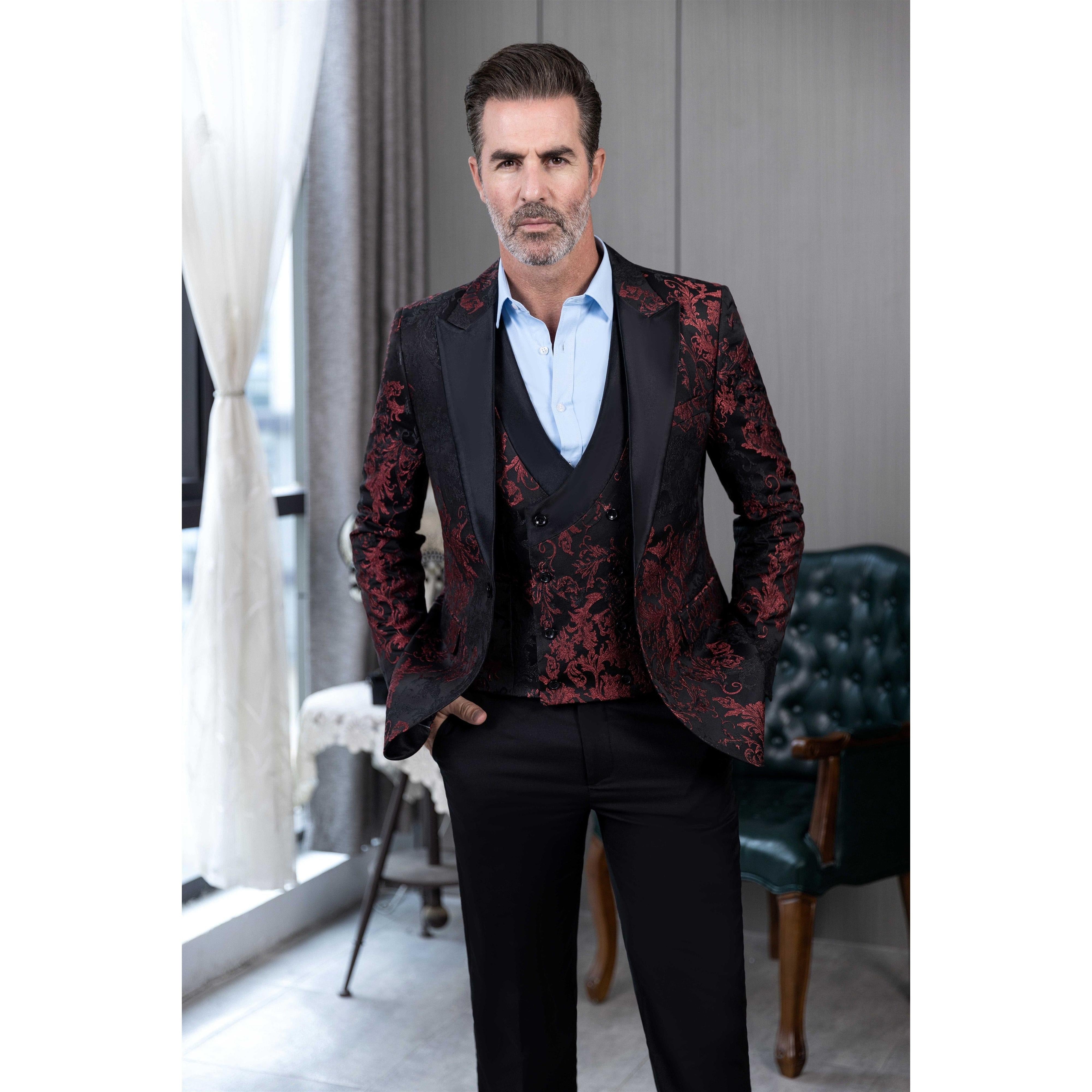 ceehuteey Men's Suit Double Breasted patterned Peak lapel 2 Piece Business Tuxedos (Blazer + Vest + Pants)