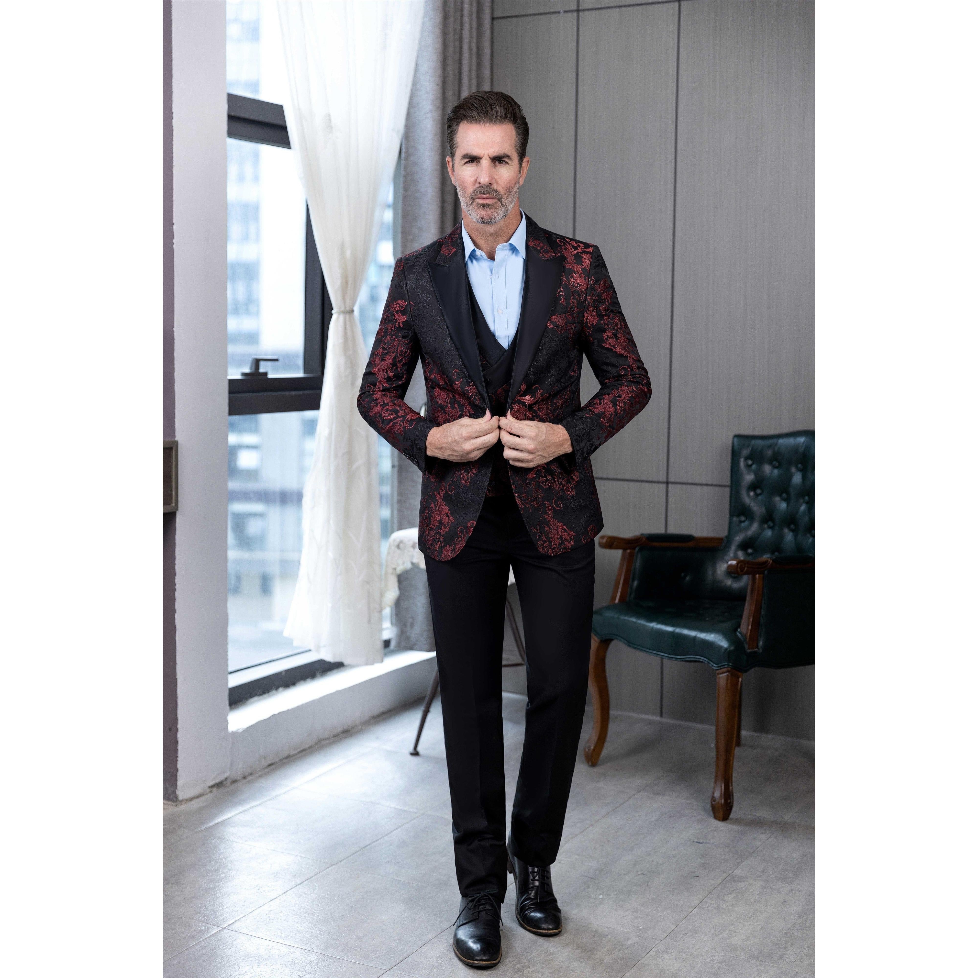 ceehuteey Men's Suit Double Breasted patterned Peak lapel 2 Piece Business Tuxedos (Blazer + Vest + Pants)