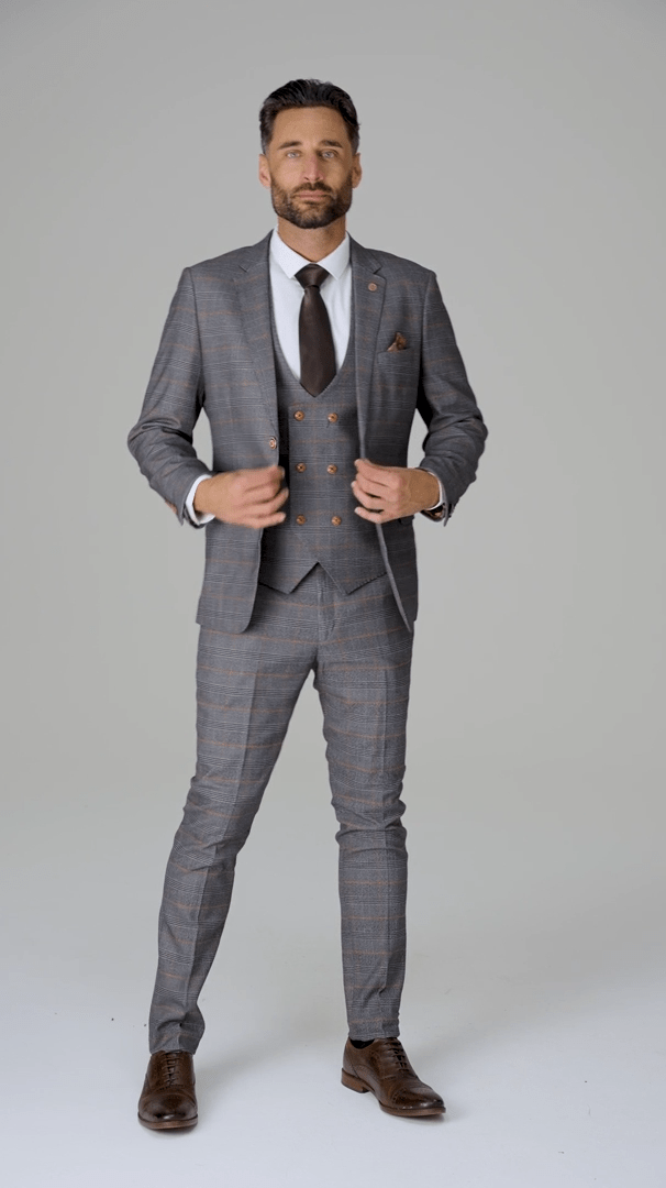 ceehuteey Men's Suit Fashion Leisure Grey Notch Lapel Double Breasted 3 Piece Plaid Suit (Blazer+Pants)