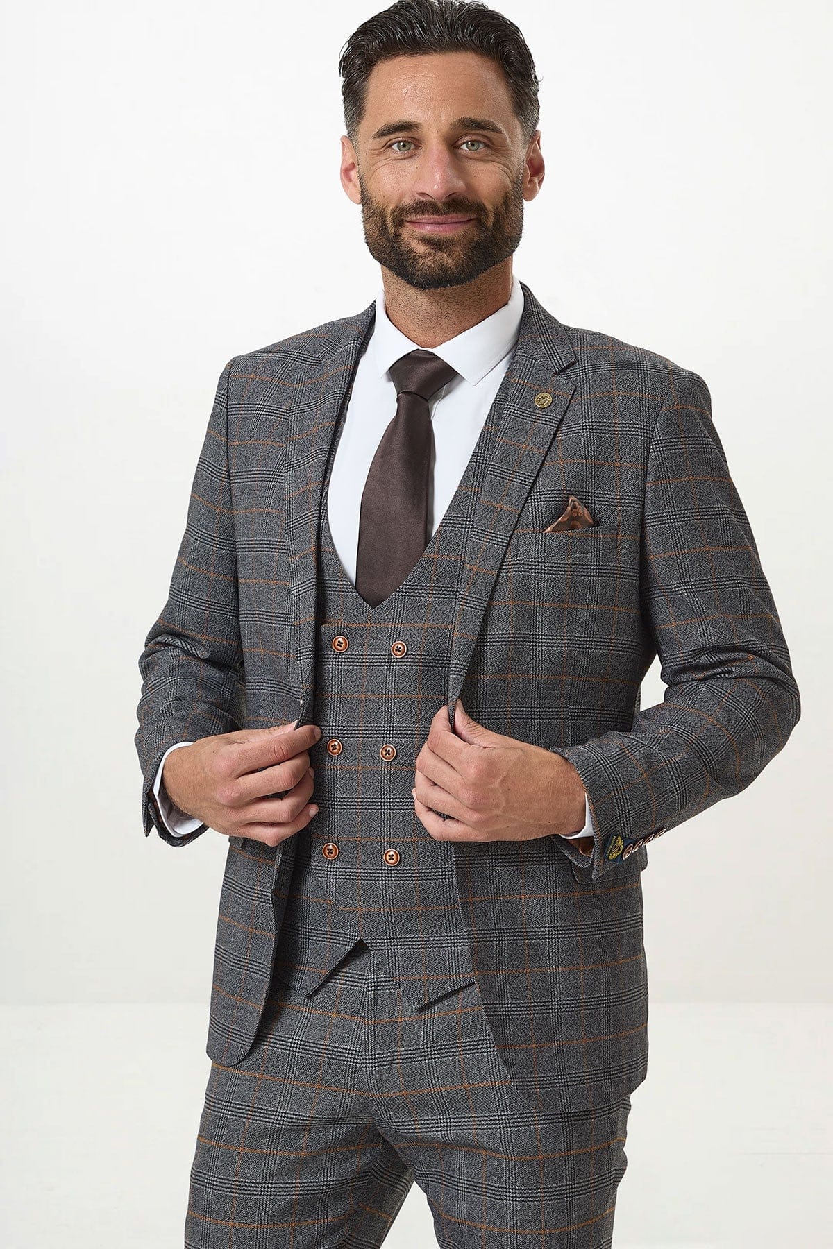 ceehuteey Men's Suit Fashion Leisure Grey Notch Lapel Double Breasted 3 Piece Plaid Suit (Blazer+Pants)