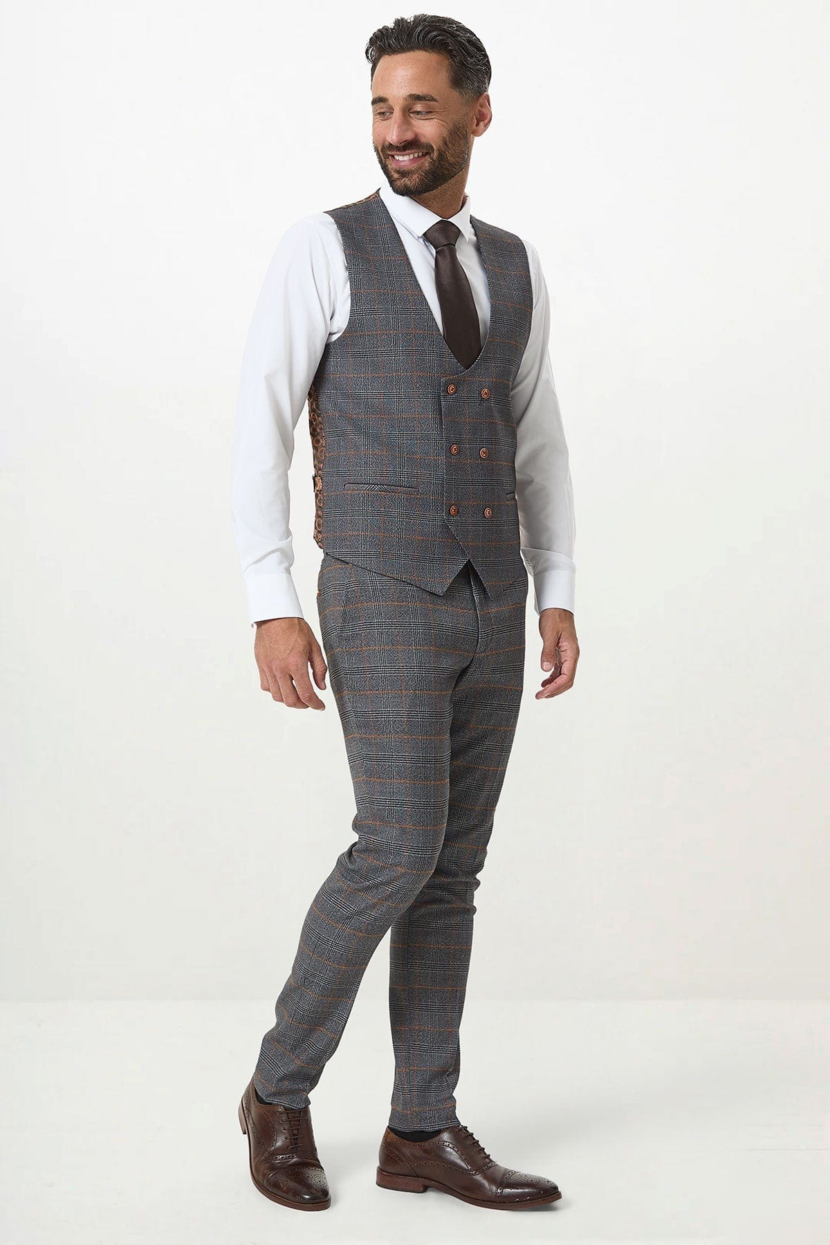 ceehuteey Men's Suit Fashion Leisure Grey Notch Lapel Double Breasted 3 Piece Plaid Suit (Blazer+Pants)
