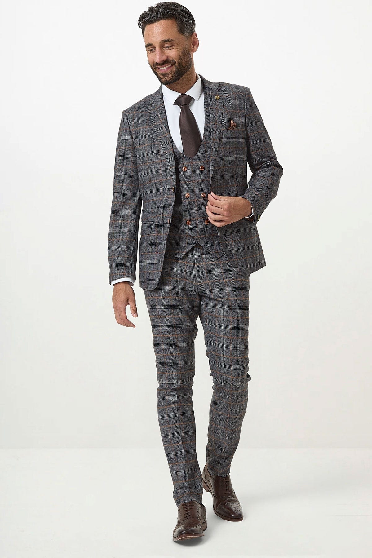 ceehuteey Men's Suit Fashion Leisure Grey Notch Lapel Double Breasted 3 Piece Plaid Suit (Blazer+Pants)