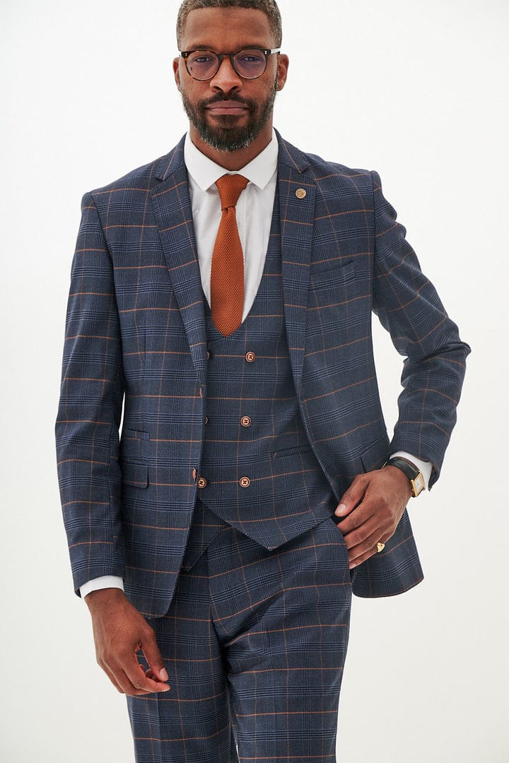 ceehuteey Men's Suit Fashion Leisure Navy Notch Lapel Double Breasted 3 Piece Plaid Suit (Blazer+Pants) (Copy)