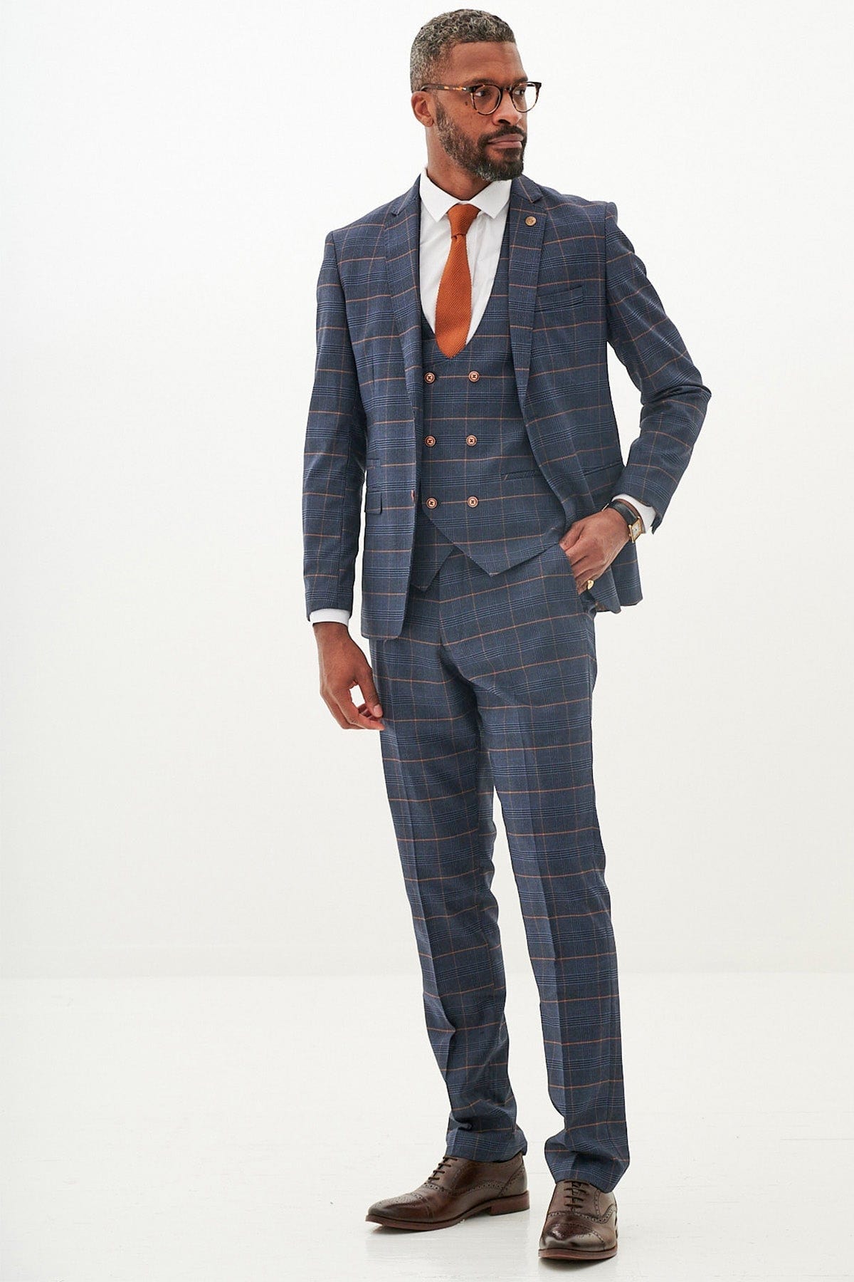 ceehuteey Men's Suit Fashion Leisure Navy Notch Lapel Double Breasted 3 Piece Plaid Suit (Blazer+Pants) (Copy)