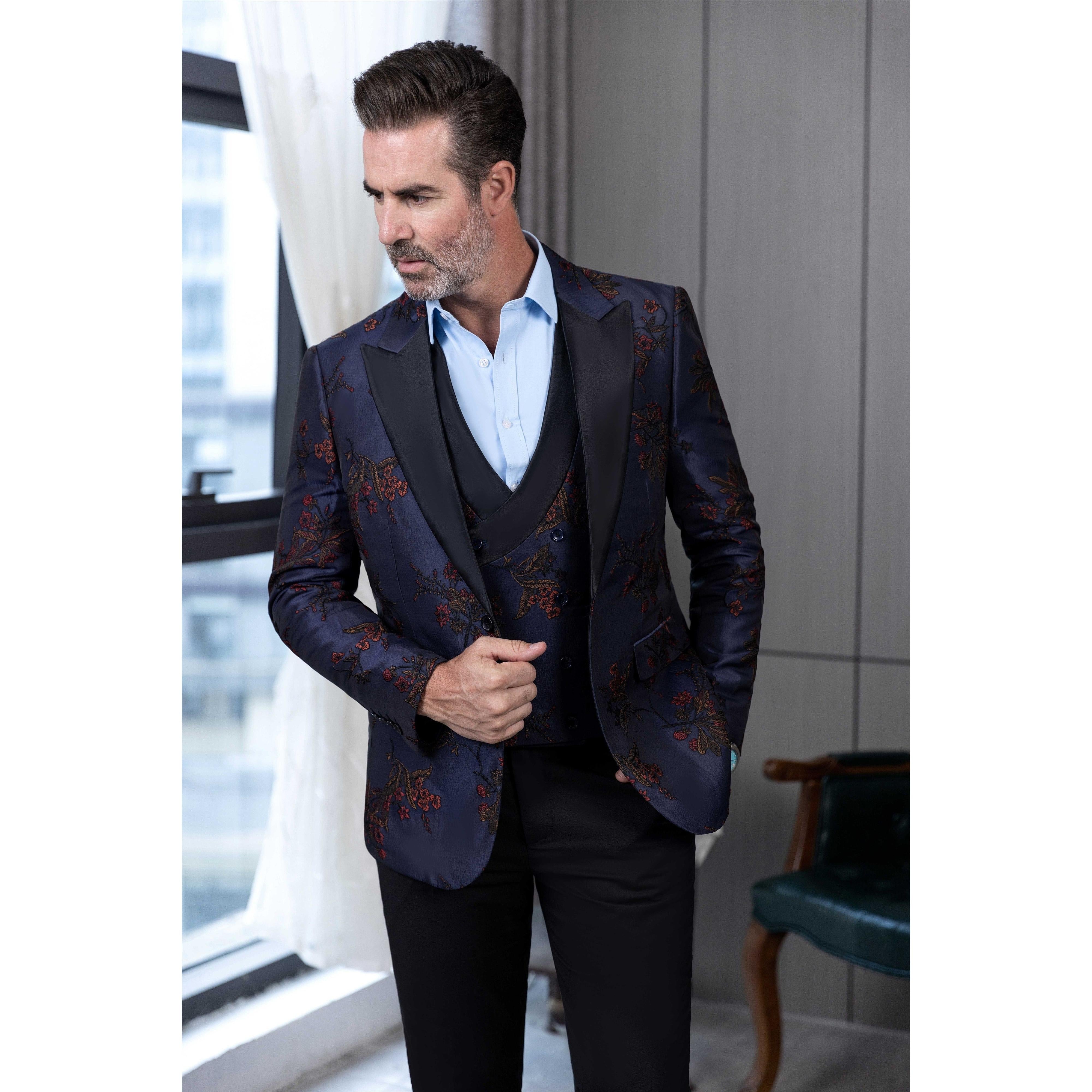 ceehuteey Men's Suit Patterned Peak Lapel 3 Piece Business Tuxedos For Wedding Party (Blazer + Vest + Pants)