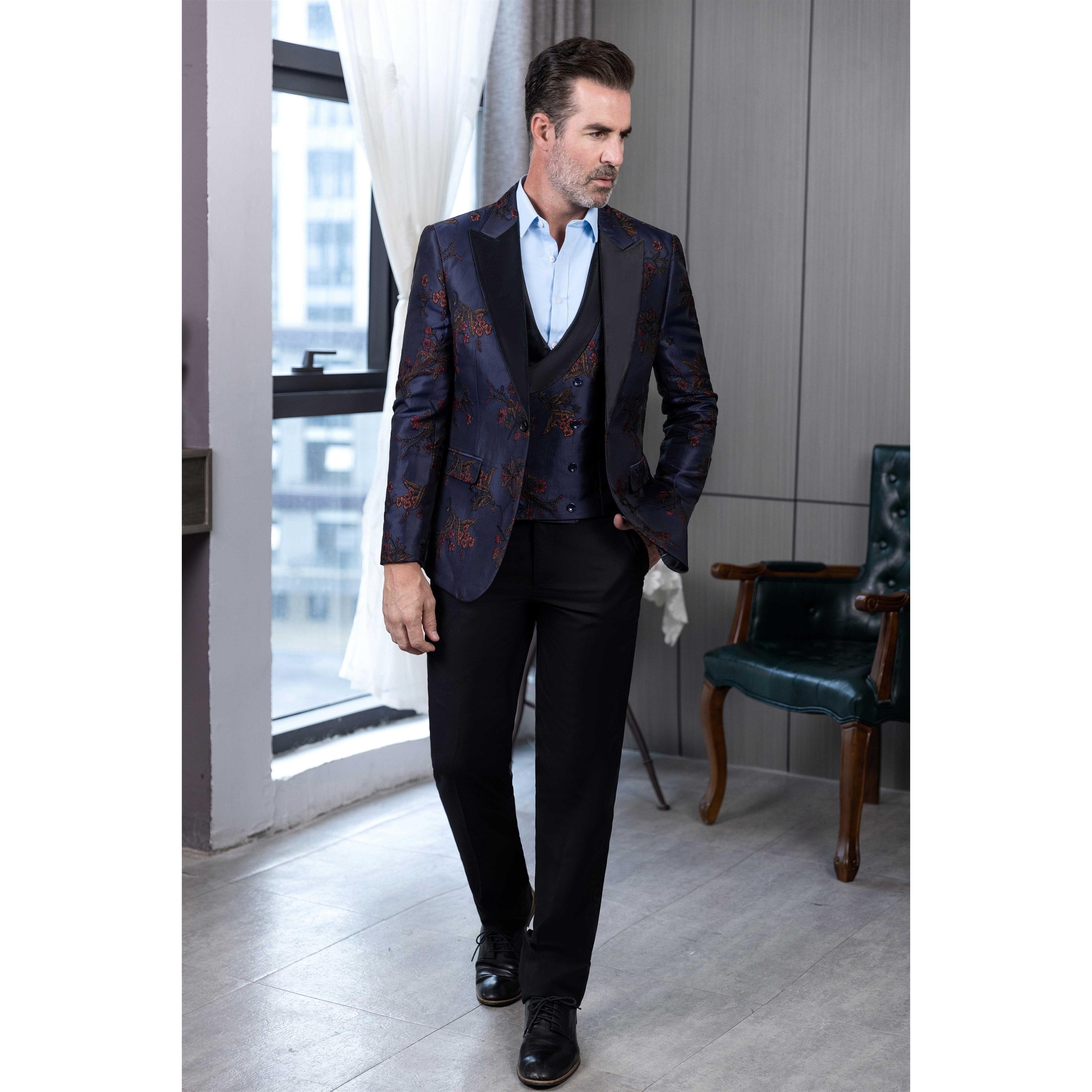 ceehuteey Men's Suit Patterned Peak Lapel 3 Piece Business Tuxedos For Wedding Party (Blazer + Vest + Pants)