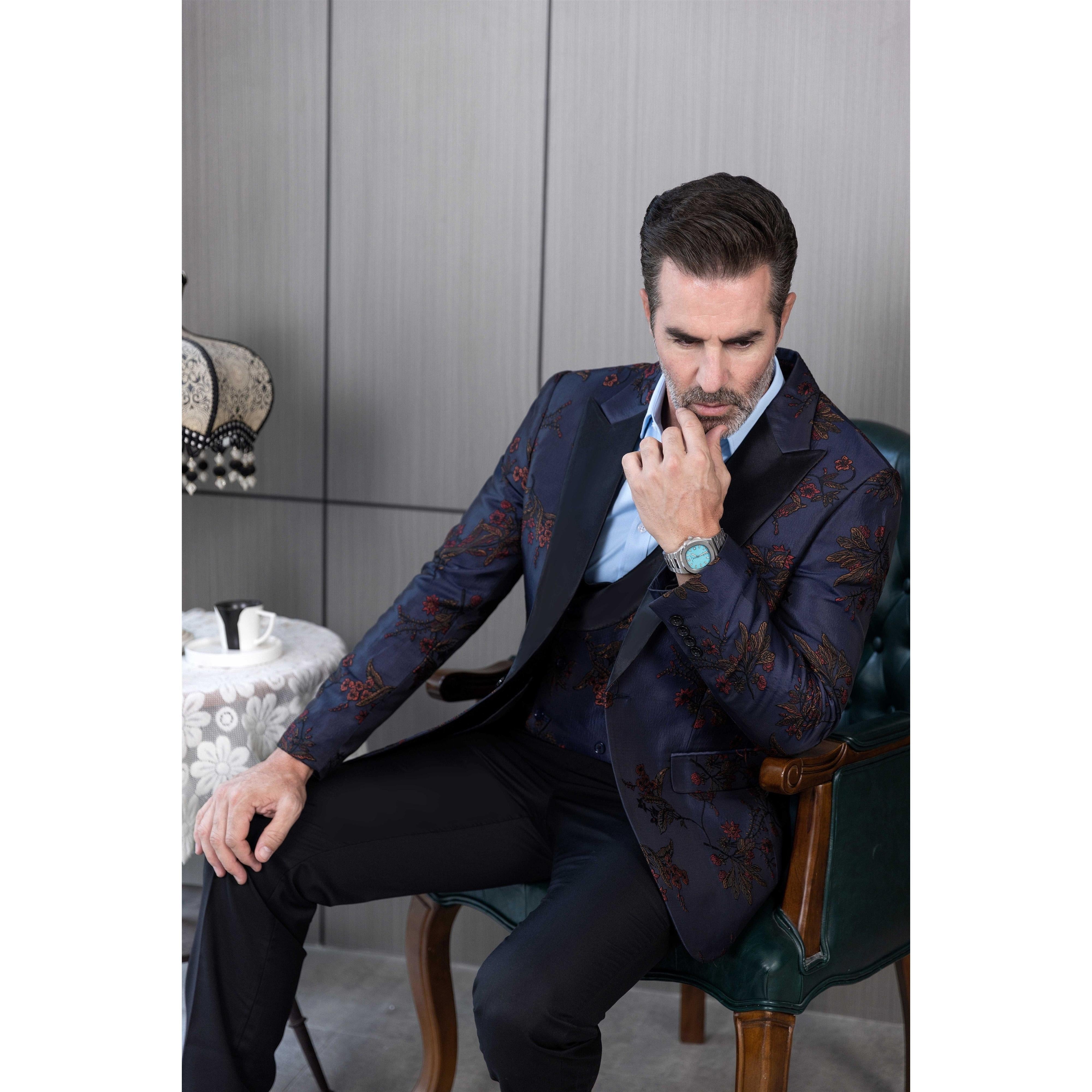 ceehuteey Men's Suit Patterned Peak Lapel 3 Piece Business Tuxedos For Wedding Party (Blazer + Vest + Pants)