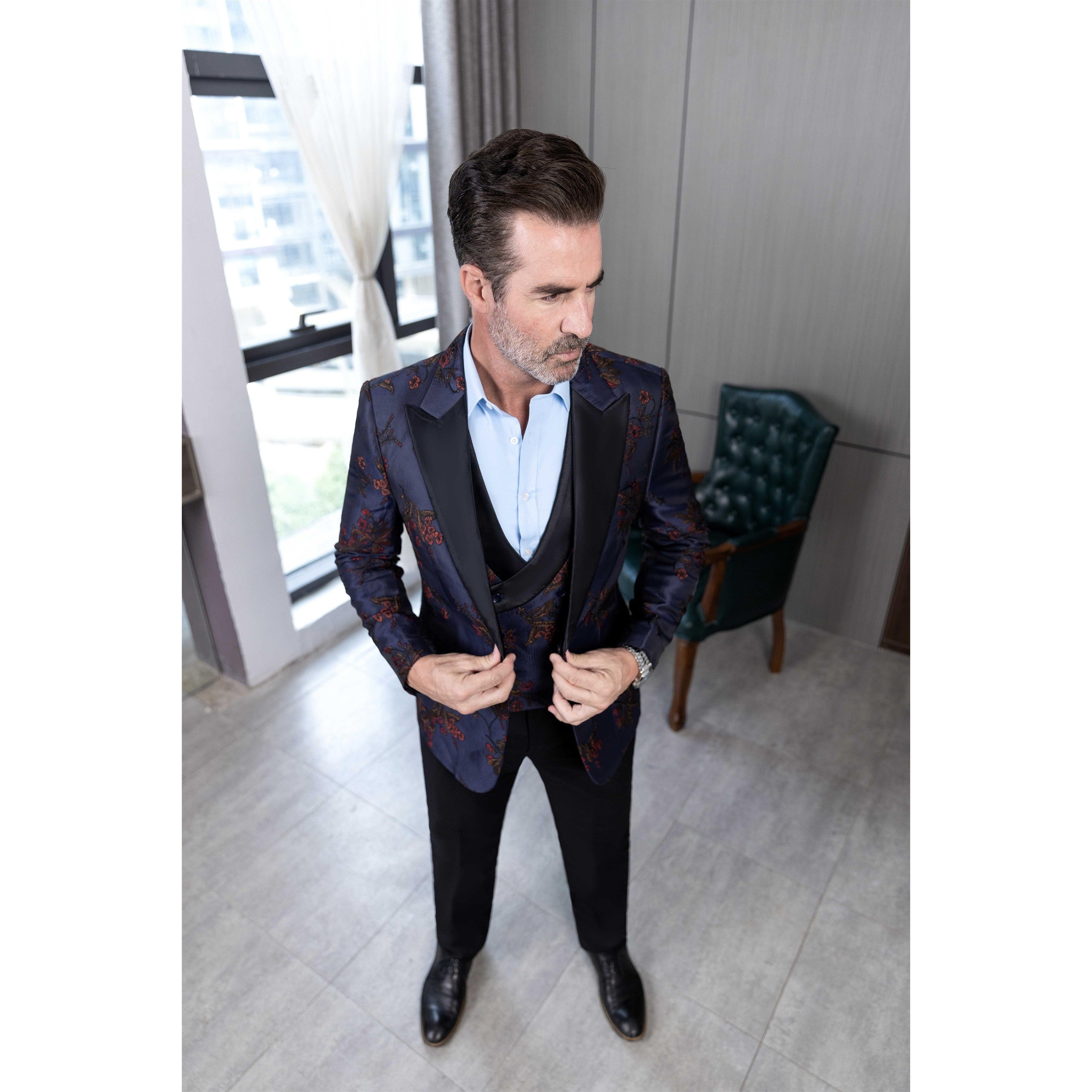 ceehuteey Men's Suit Patterned Peak Lapel 3 Piece Business Tuxedos For Wedding Party (Blazer + Vest + Pants)