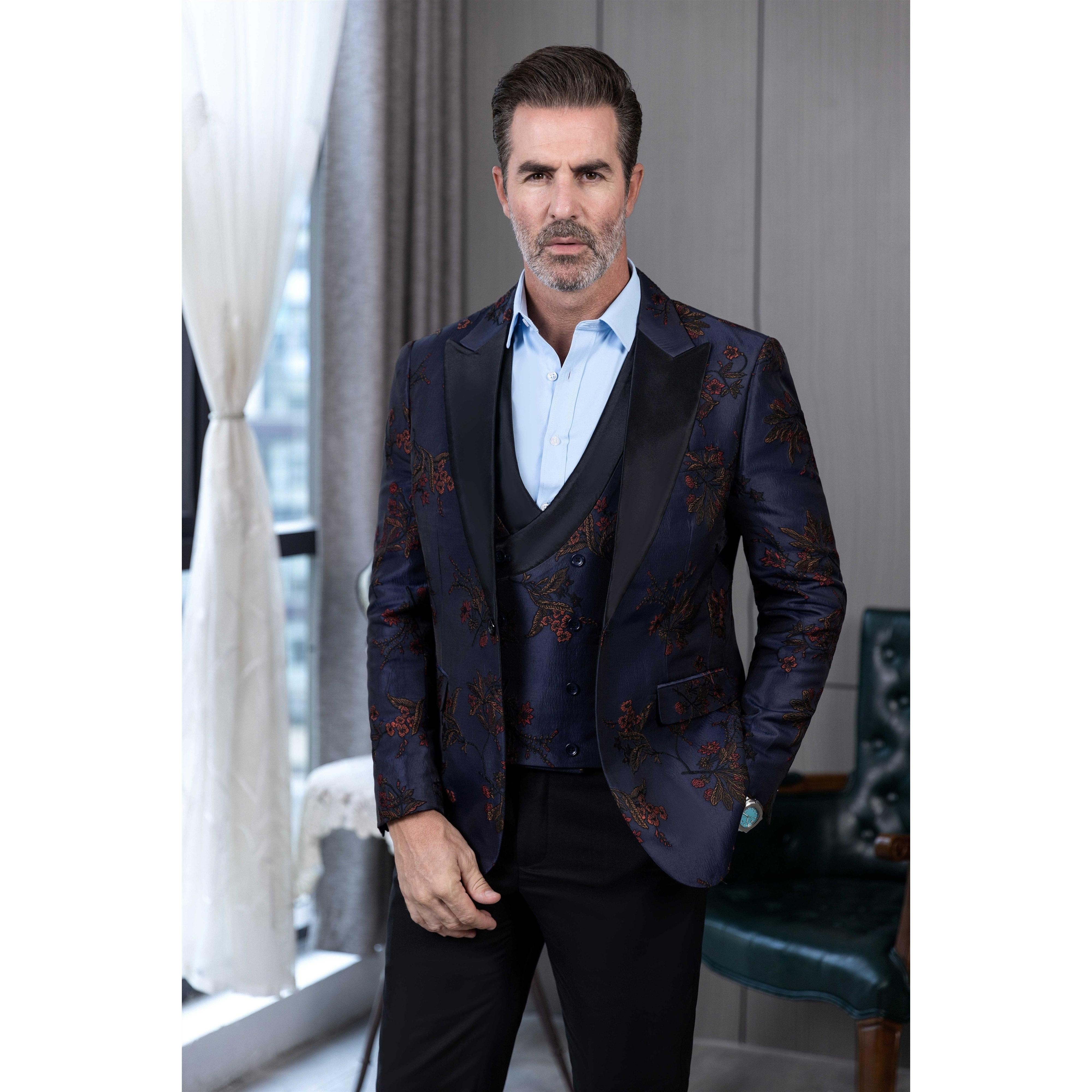 ceehuteey Men's Suit Patterned Peak Lapel 3 Piece Business Tuxedos For Wedding Party (Blazer + Vest + Pants)