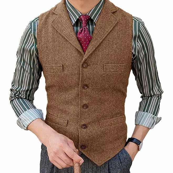 Men's Suit Vest Herringbone Notch Lapel Waistcoat | ceehuteey Brown / S Men's Suit Vest Herringbone Notch Lapel Waistcoat | ceehuteey Brown / S