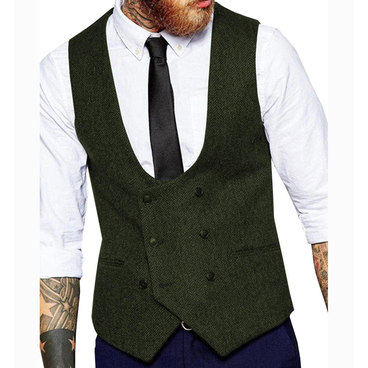 ceehuteey Men's Tweed Herringbone Double Breasted U Neck Waistcoat