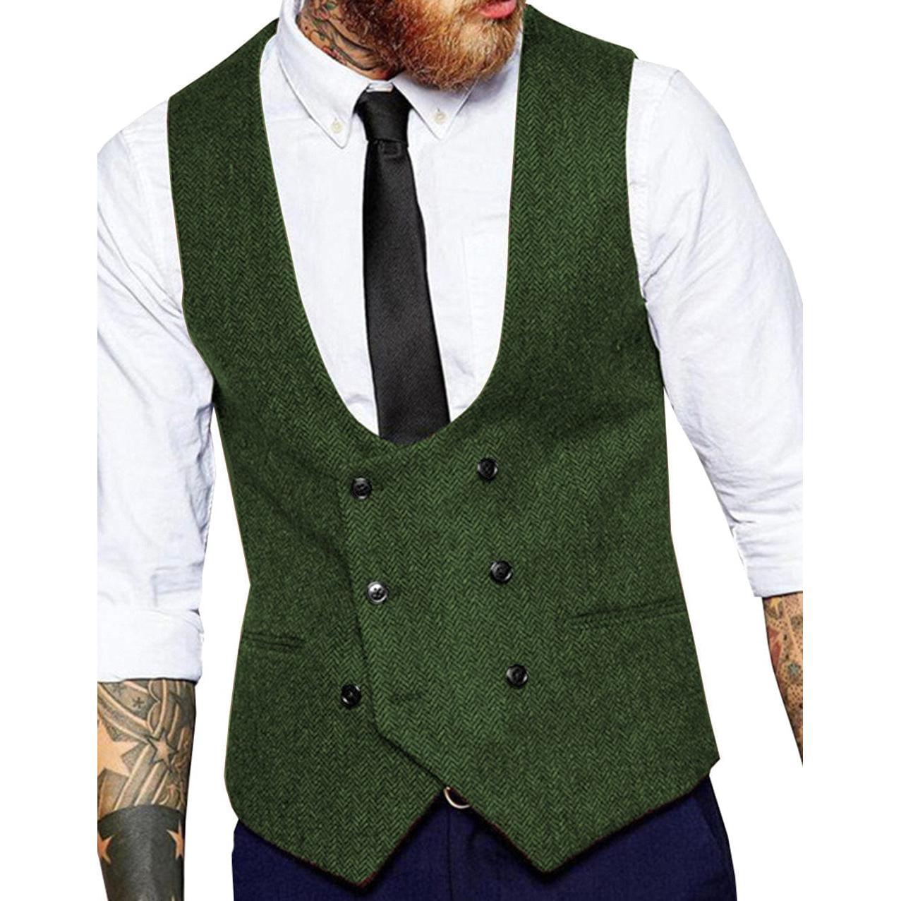 ceehuteey Men's Tweed Herringbone Double Breasted U Neck Waistcoat