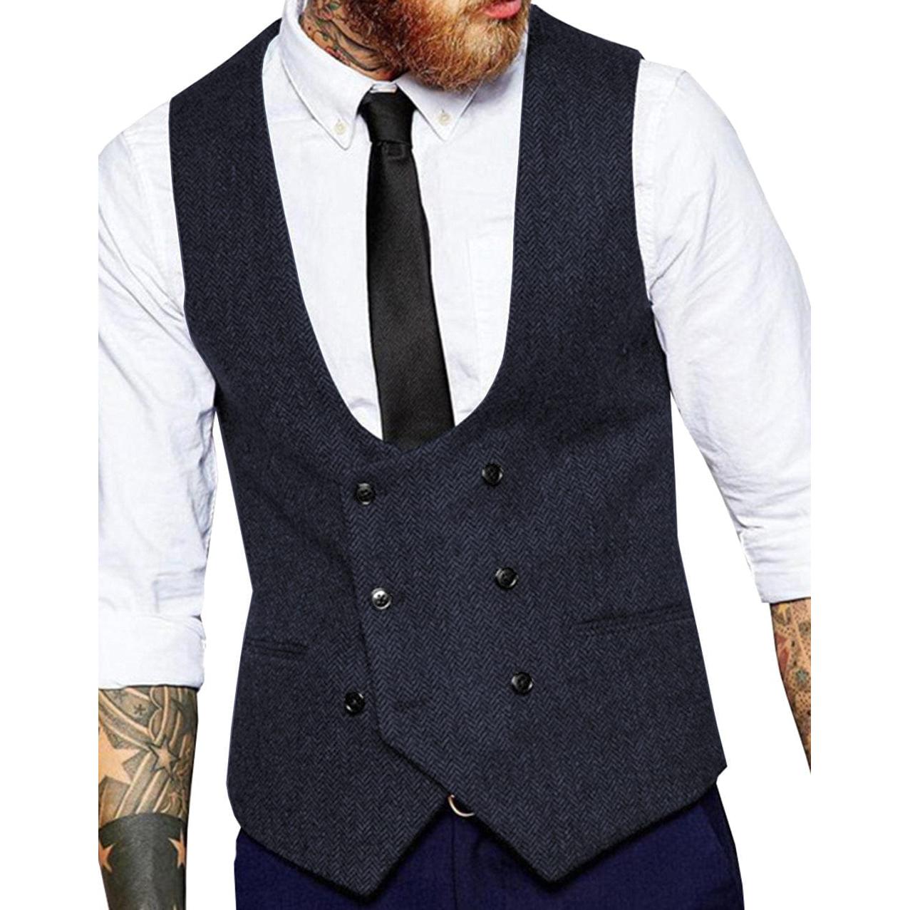 ceehuteey Men's Tweed Herringbone Double Breasted U Neck Waistcoat