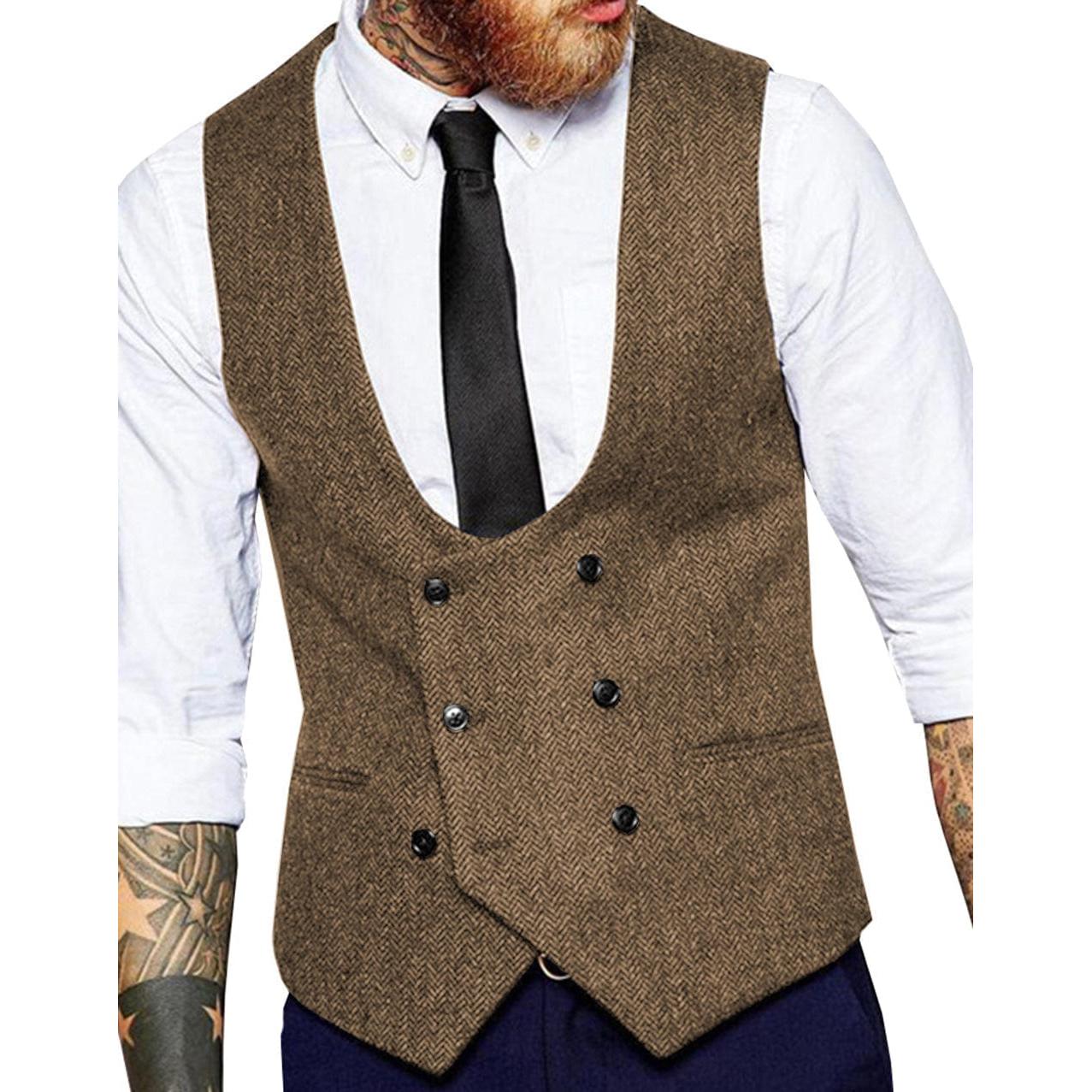 ceehuteey Men's Tweed Herringbone Double Breasted U Neck Waistcoat