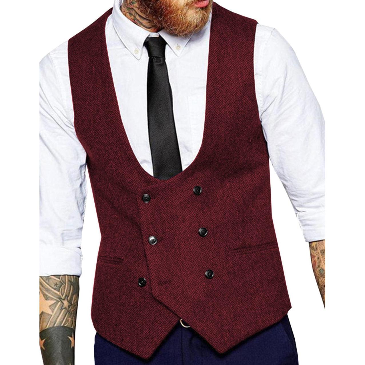 ceehuteey Men's Tweed Herringbone Double Breasted U Neck Waistcoat