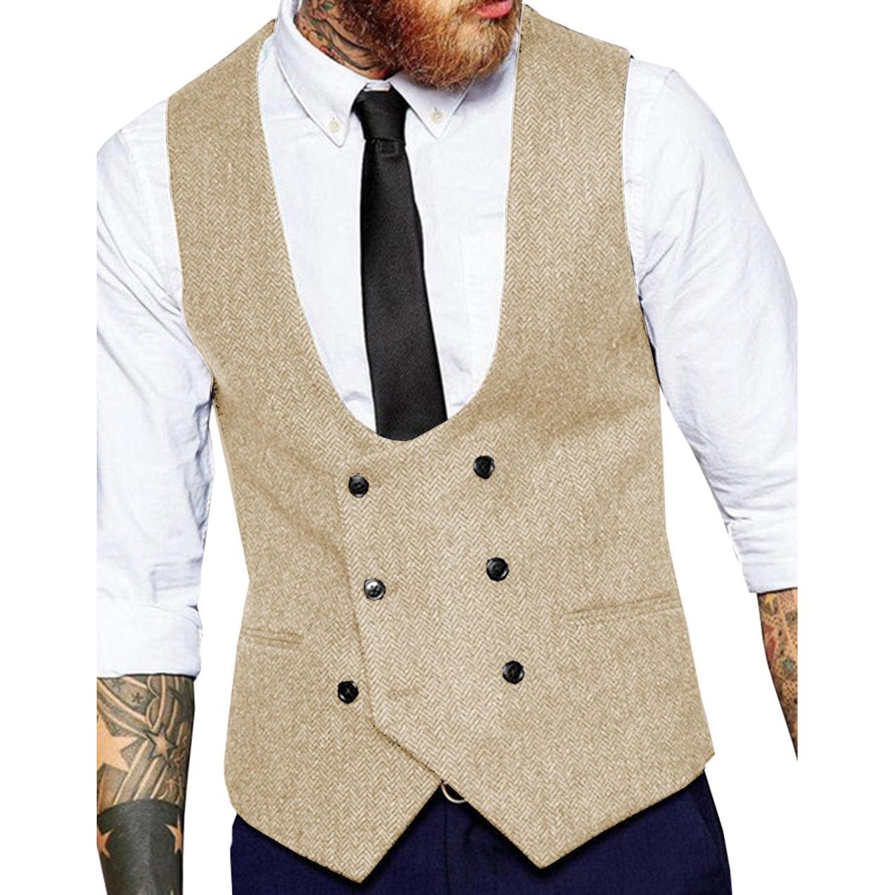 ceehuteey Men's Tweed Herringbone Double Breasted U Neck Waistcoat