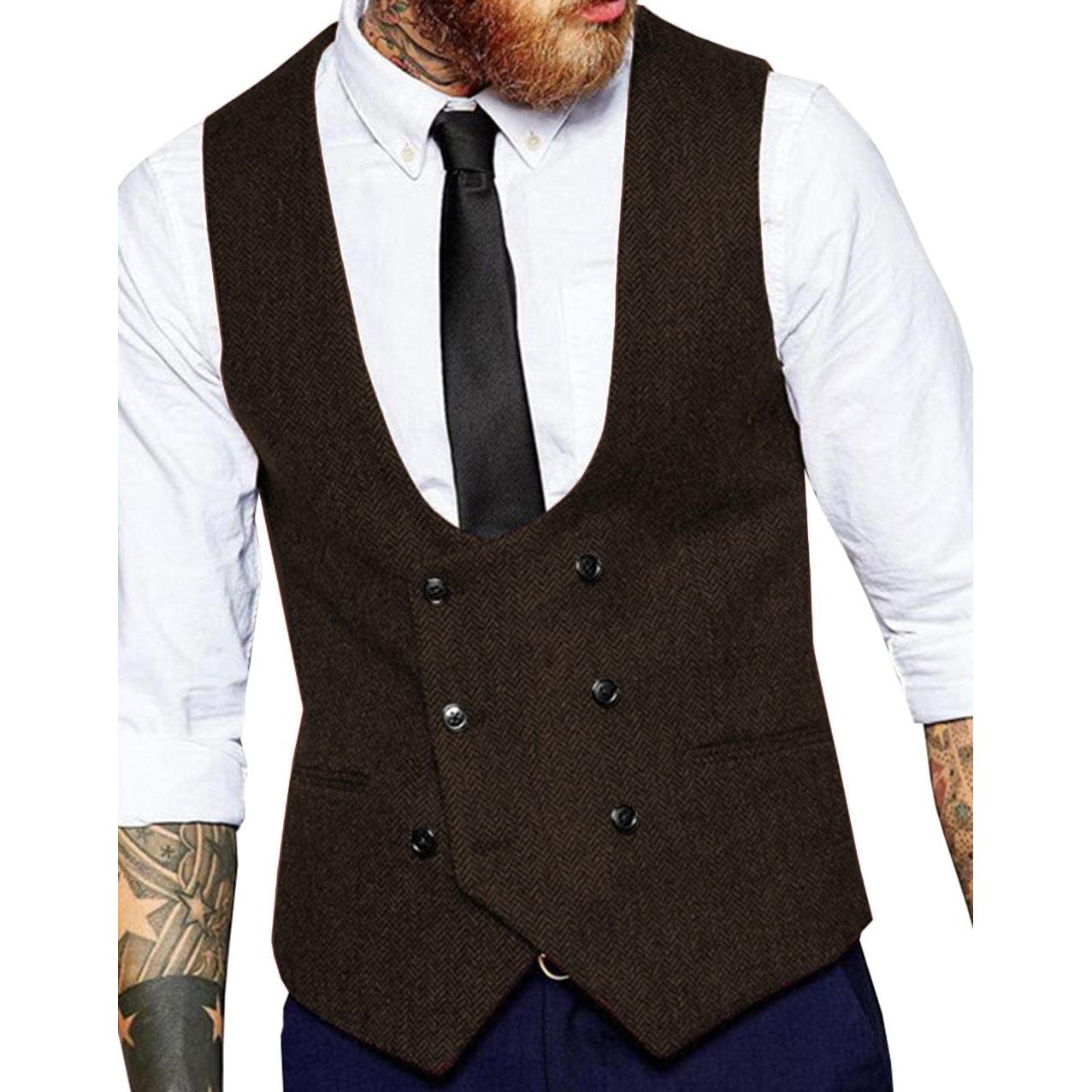 ceehuteey Men's Tweed Herringbone Double Breasted U Neck Waistcoat