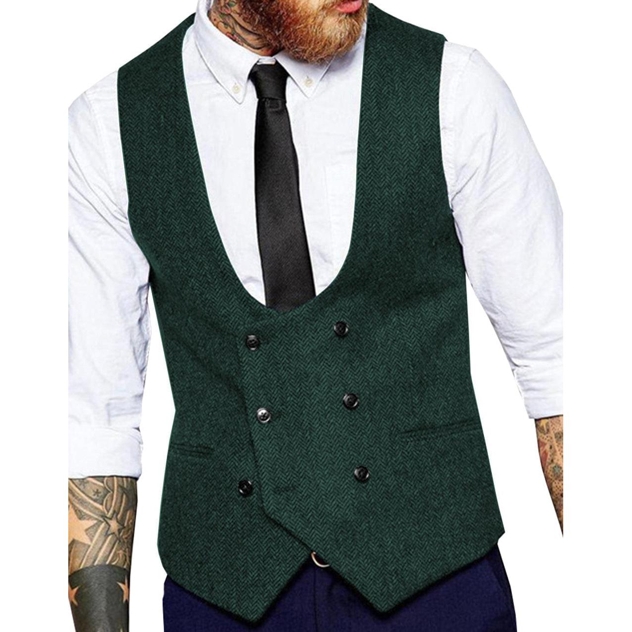 ceehuteey Men's Tweed Herringbone Double Breasted U Neck Waistcoat