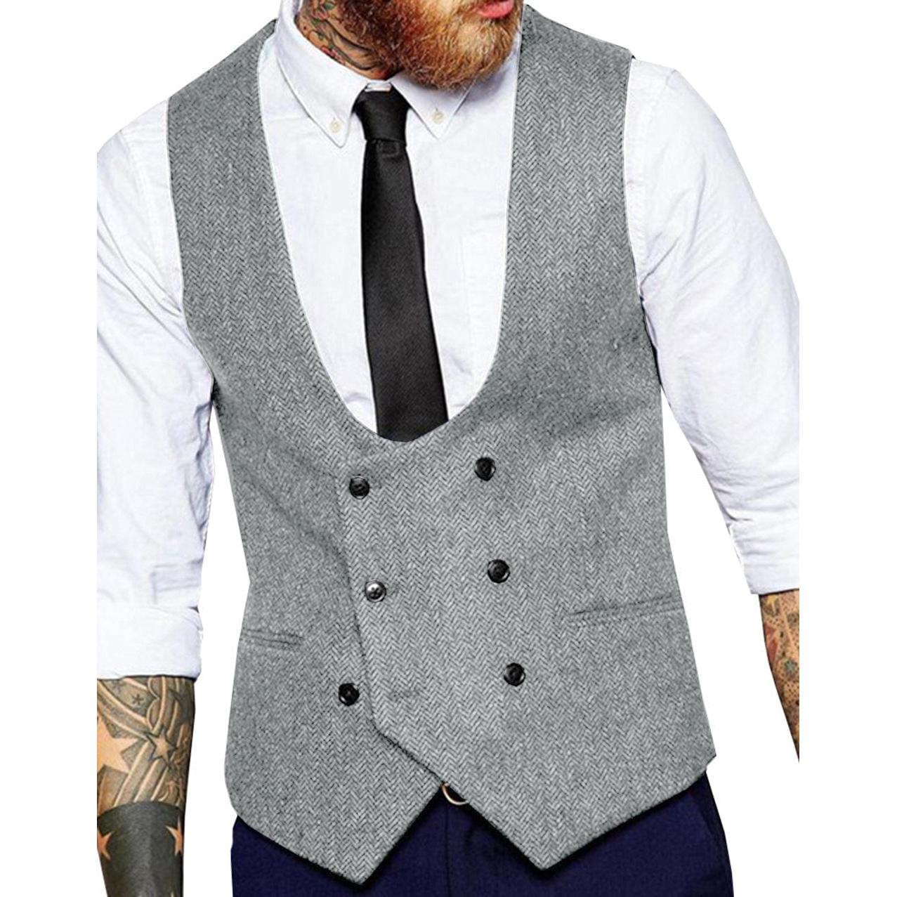 ceehuteey Men's Tweed Herringbone Double Breasted U Neck Waistcoat
