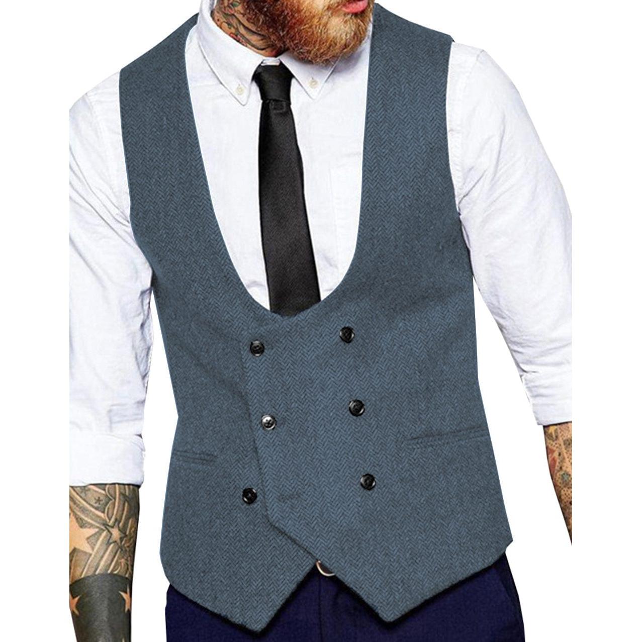 ceehuteey Men's Tweed Herringbone Double Breasted U Neck Waistcoat
