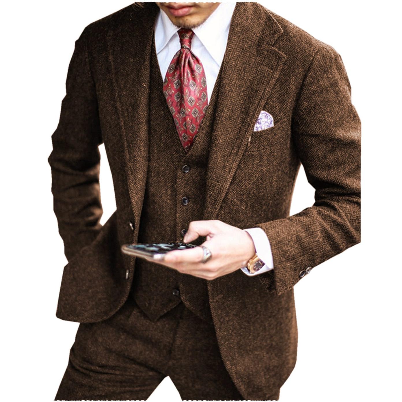 ceehuteey men’s tweed herringbone suits 3 piece suits formal regular fit wedding groom suits (blazer+vest+pants)