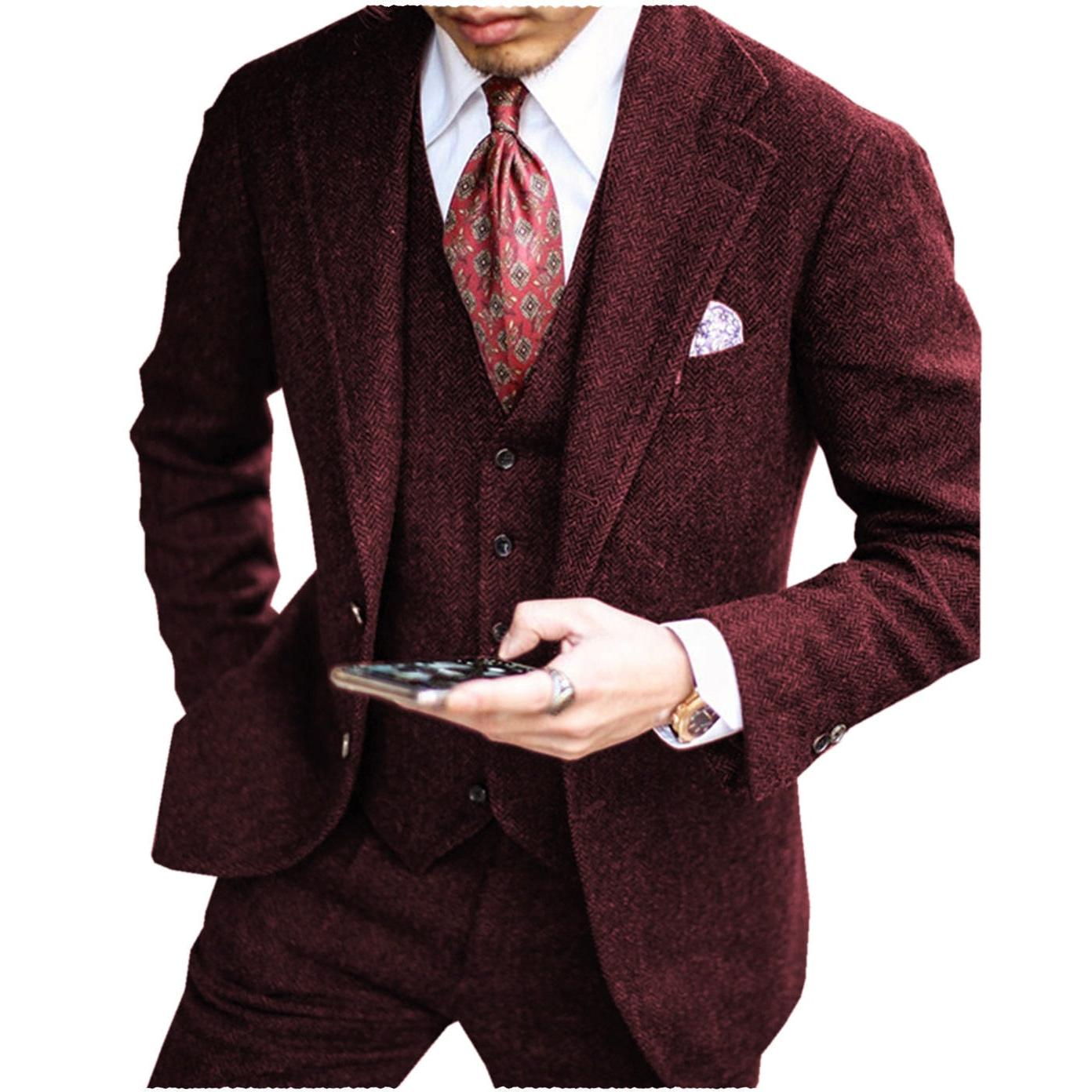 ceehuteey men’s tweed herringbone suits 3 piece suits formal regular fit wedding groom suits (blazer+vest+pants)