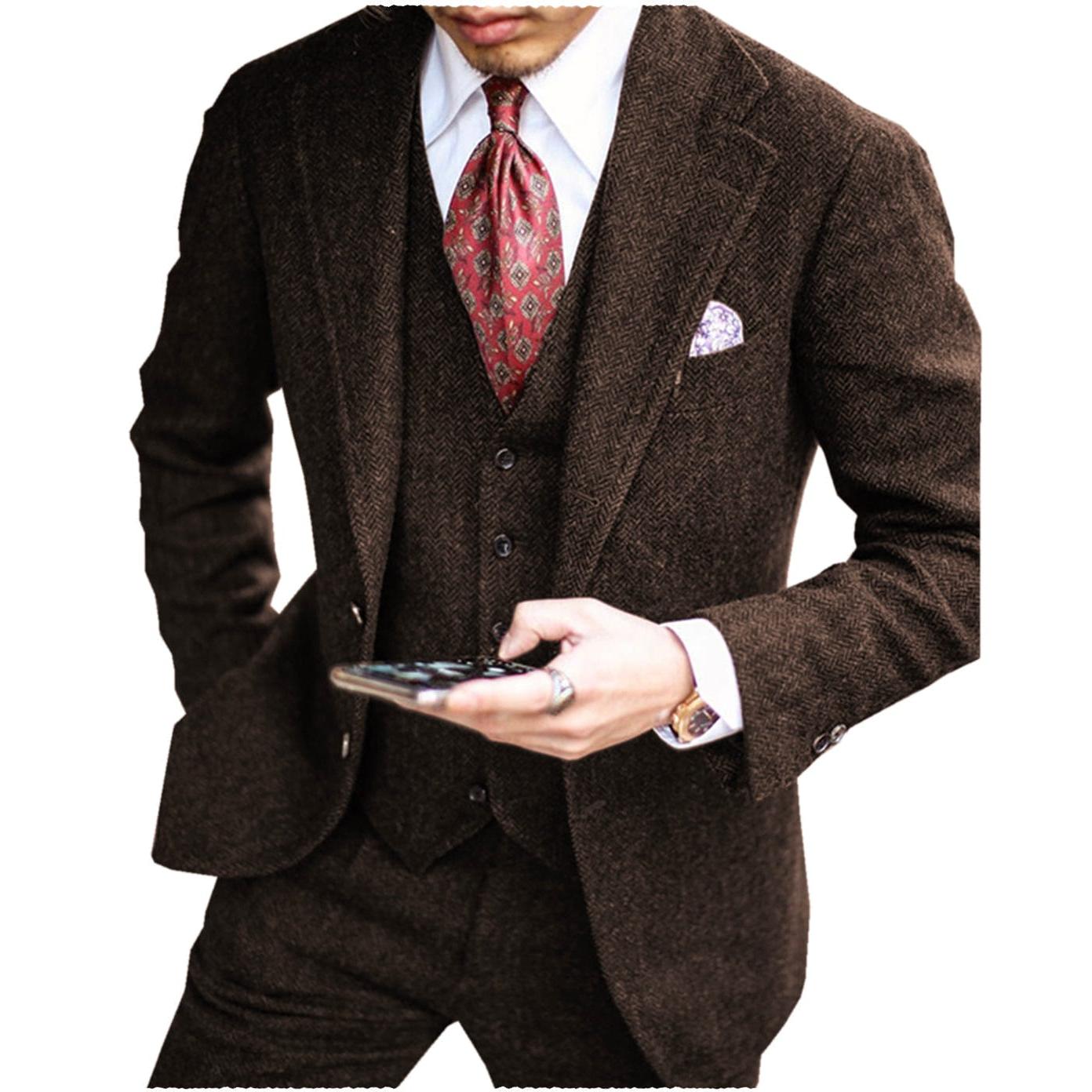 ceehuteey men’s tweed herringbone suits 3 piece suits formal regular fit wedding groom suits (blazer+vest+pants)