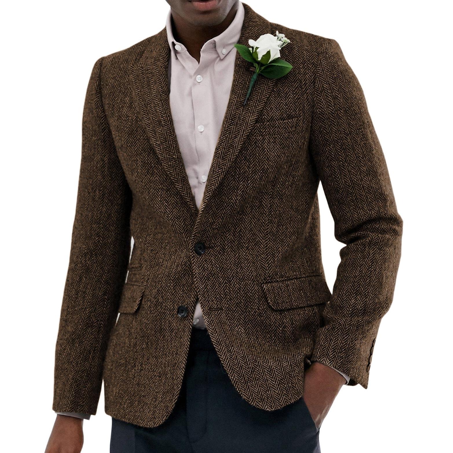 ceehuteey Men's Wool Herringbone Formal Notch Lapel Blazer