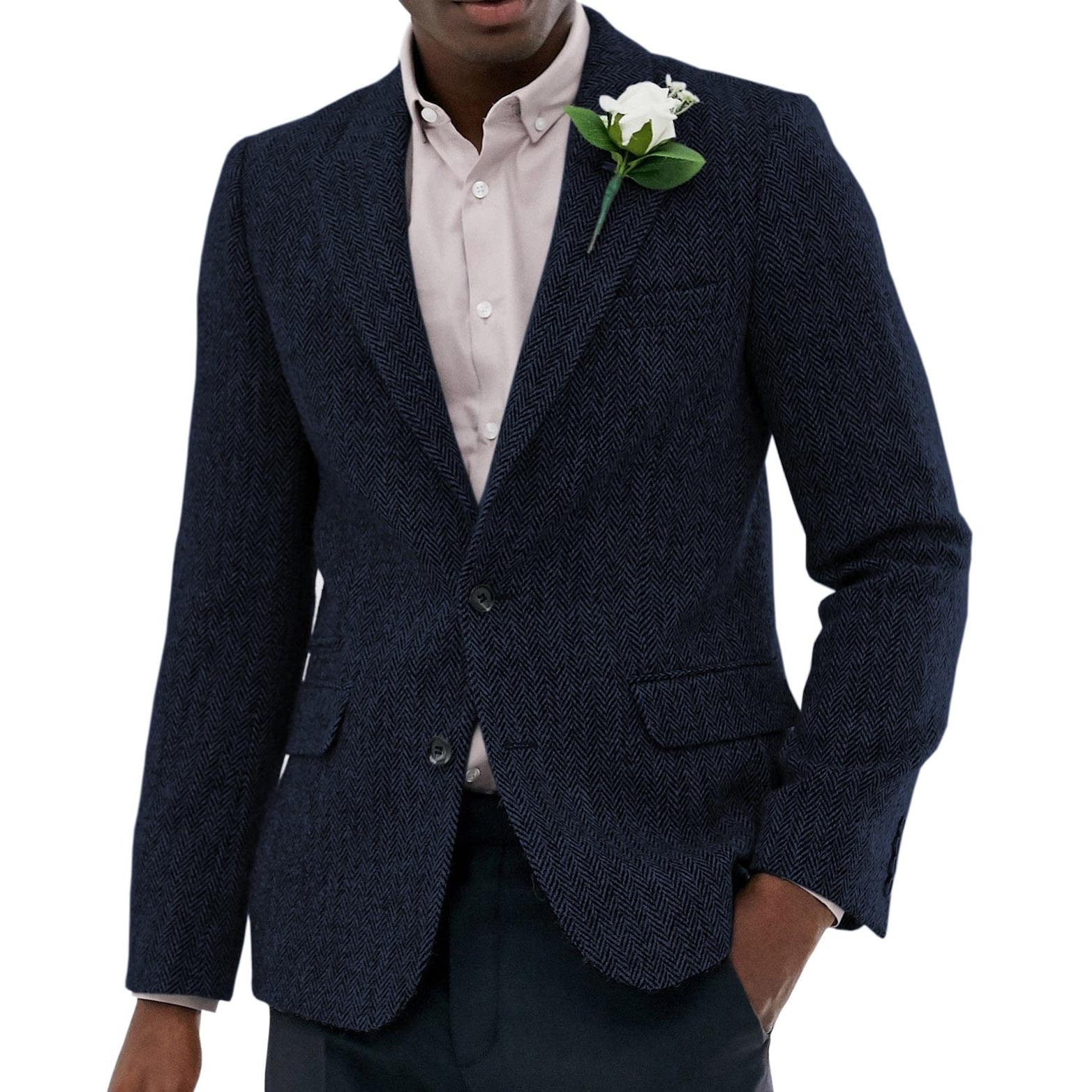 ceehuteey Men's Wool Herringbone Formal Notch Lapel Blazer
